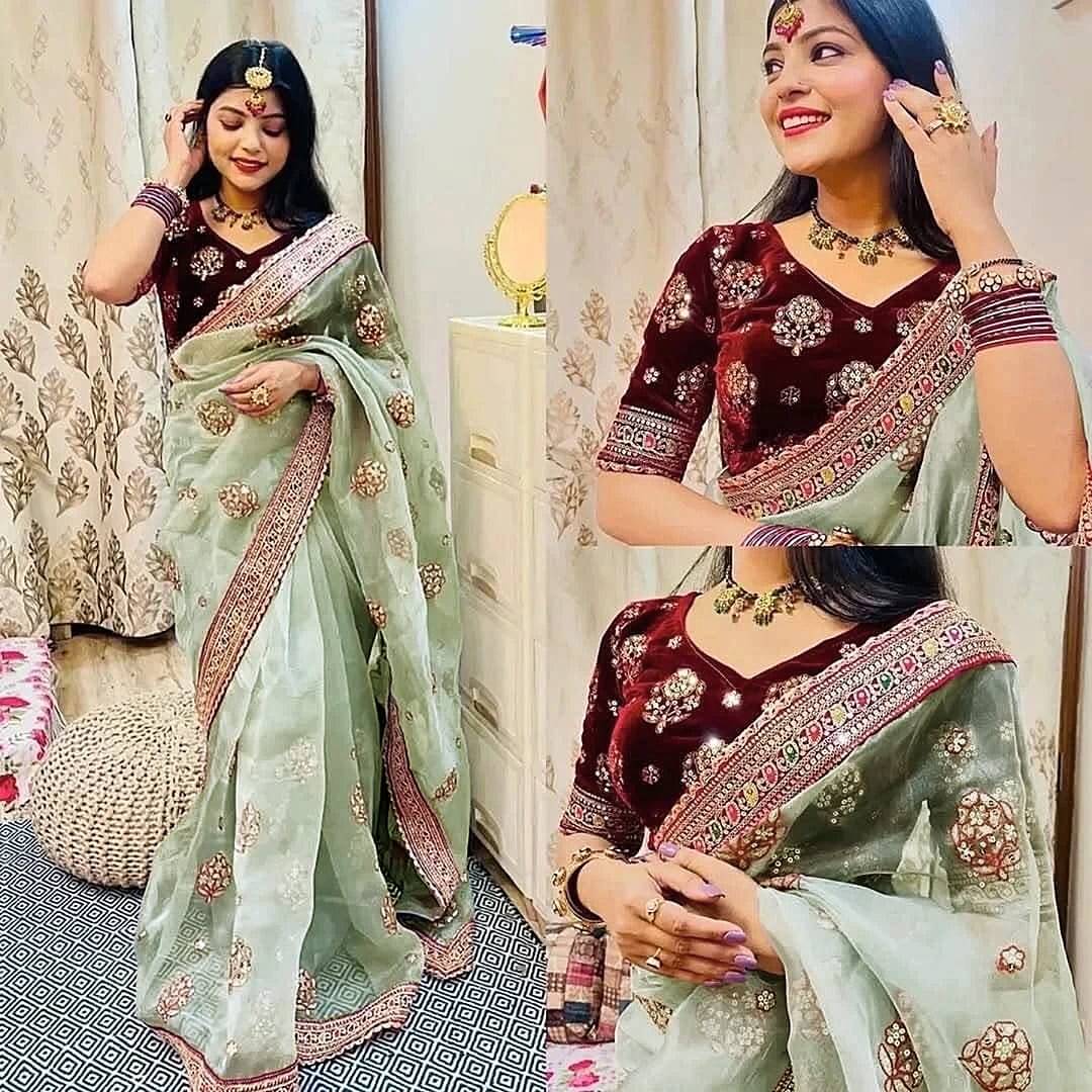 Prazvika Organza Embroidered Chanderi saree With Unstitched Blouse Piece ( Green ) Prazvika Organza Embroidered Chanderi saree With Unstitched Blouse Piece ( Green )