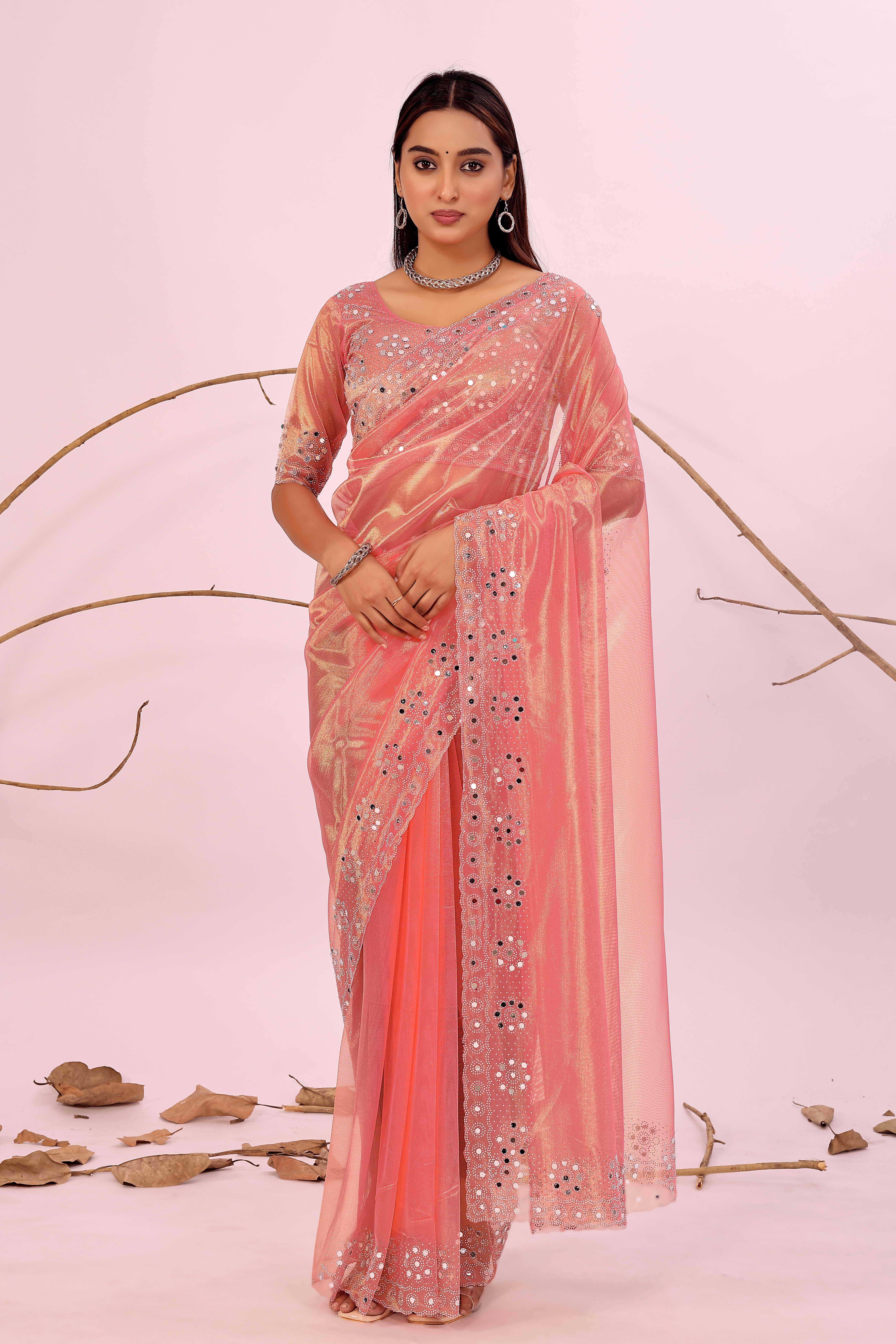 Saadhvi Organza Woven Saree With Unstitched Blouse Piece ( Peach )     			Saadhvi Organza Woven Saree With Unstitched Blouse Piece ( Peach )