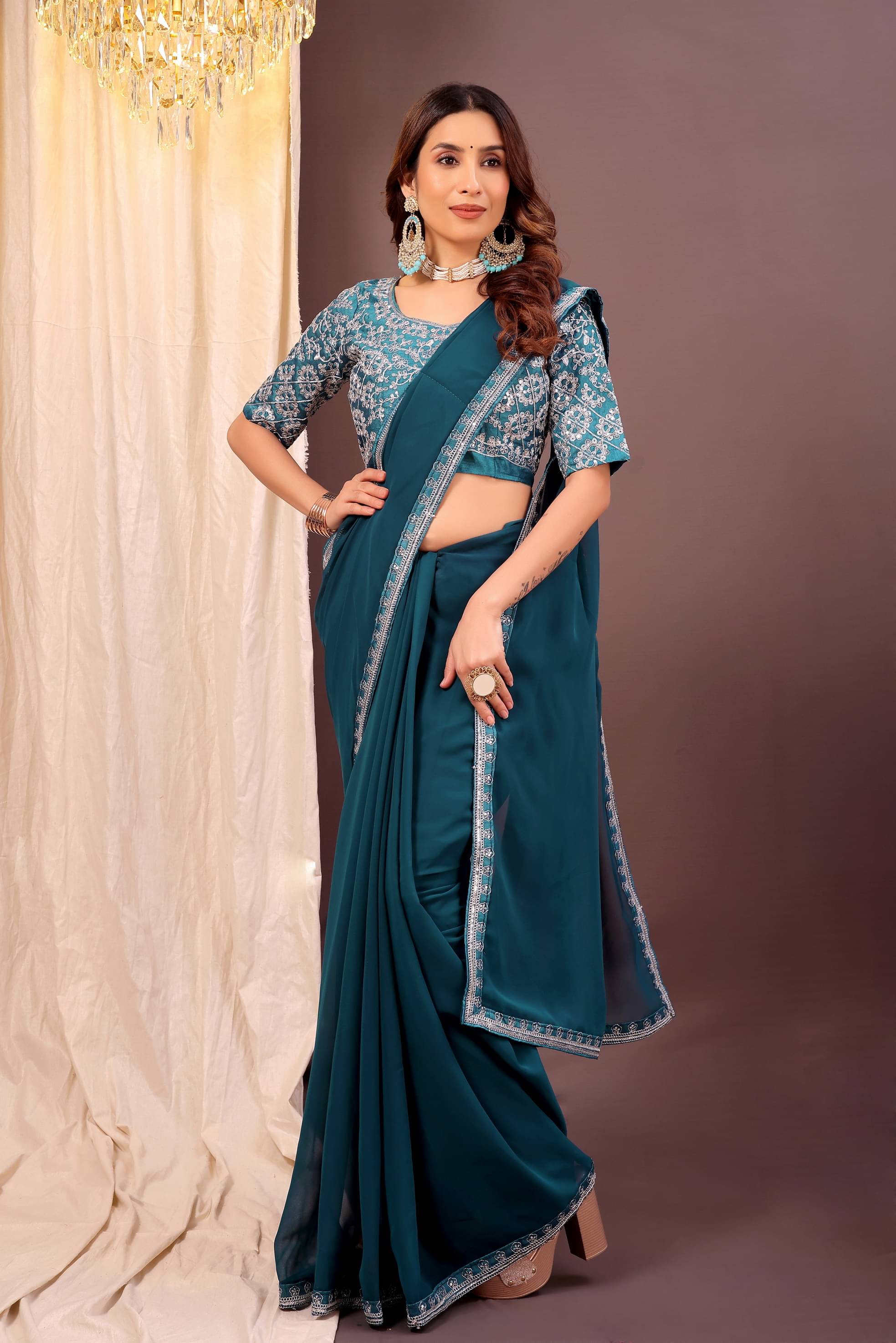 Samai Georgette Solid Saree With Unstitched Blouse Piece ( Multicolor 19 ) Samai Georgette Solid Saree With Unstitched Blouse Piece ( Multicolor 19 )
