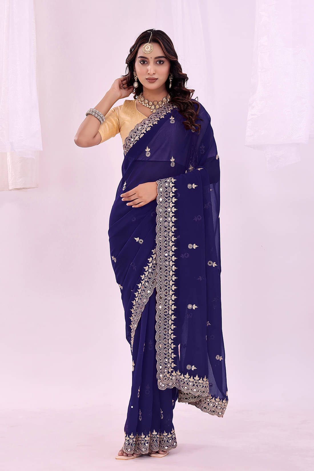 Samai Georgette Solid Saree With Unstitched Blouse Piece ( Navy Blue ) Samai Georgette Solid Saree With Unstitched Blouse Piece ( Navy Blue )