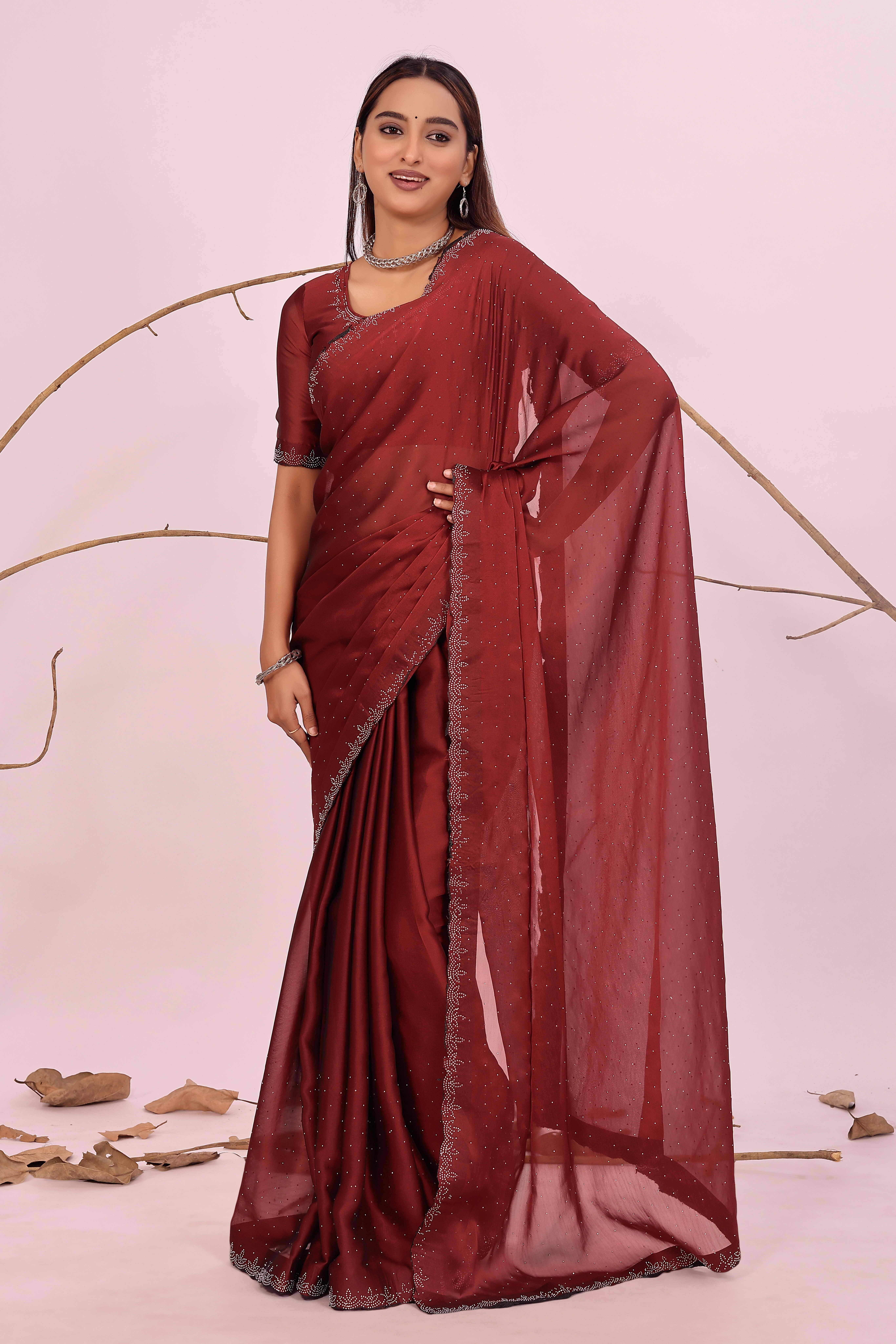 Samai Organza Solid Saree With Unstitched Blouse Piece ( Red ) Samai Organza Solid Saree With Unstitched Blouse Piece ( Red )