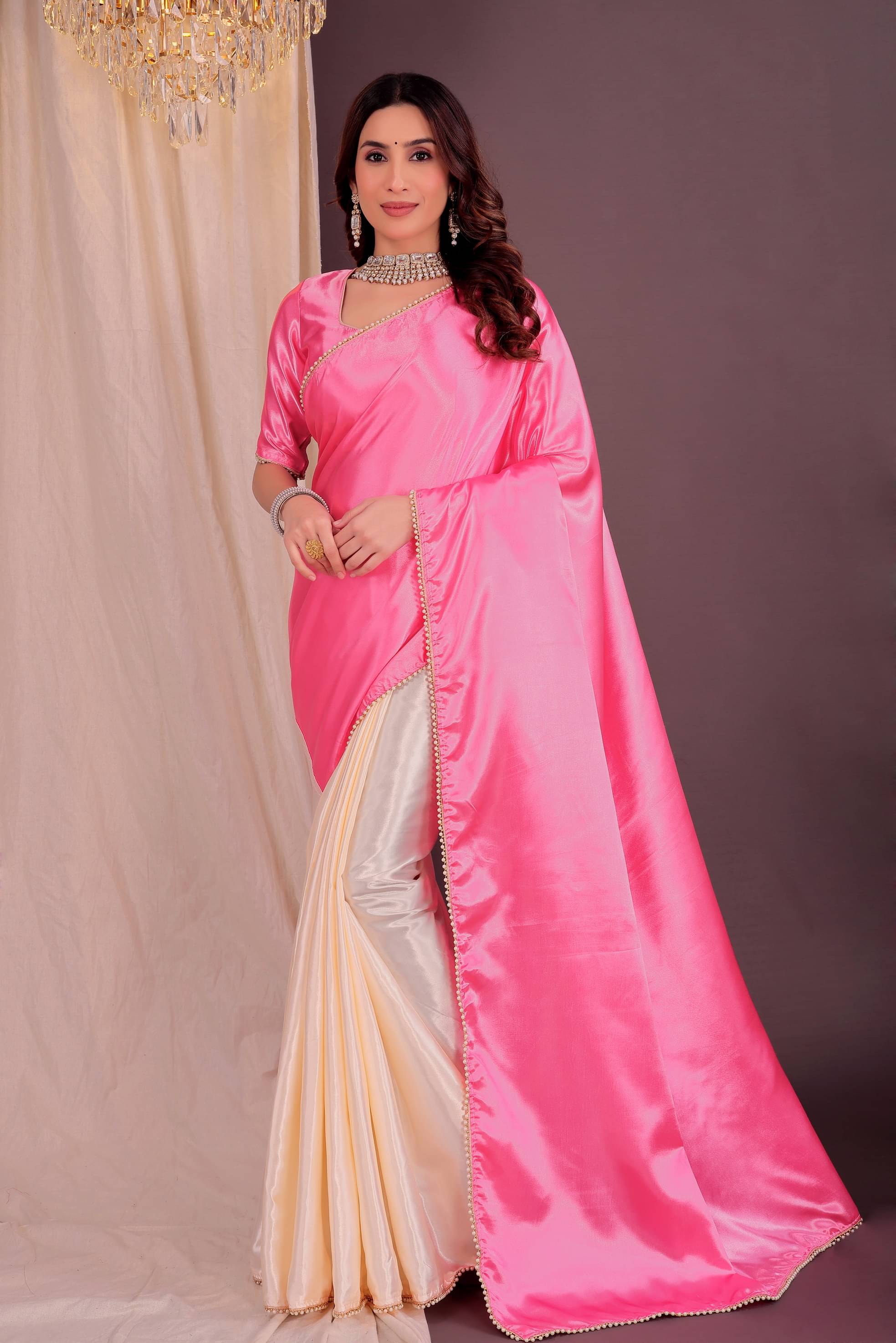 Samai Satin Solid Saree With Unstitched Blouse Piece ( Pink ) Samai Satin Solid Saree With Unstitched Blouse Piece ( Pink )