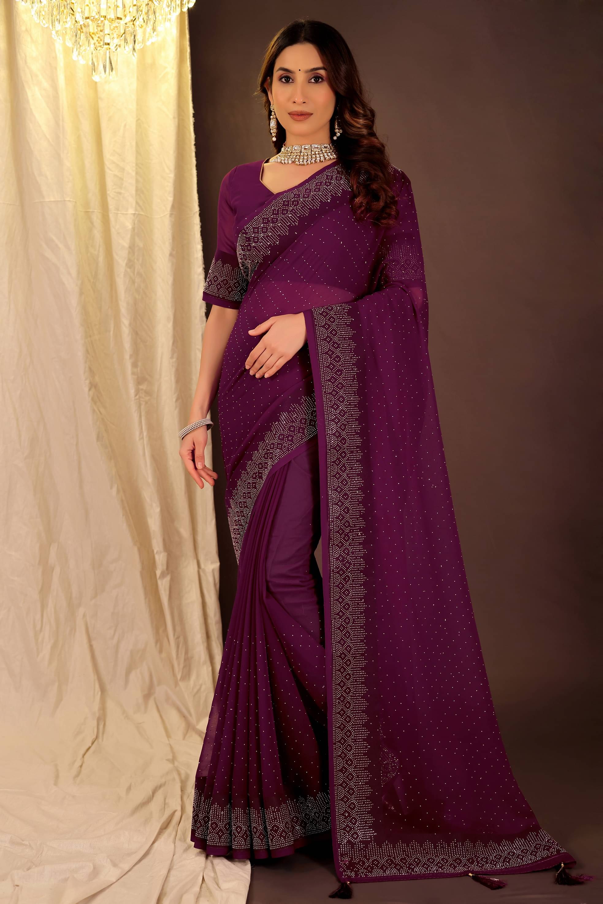 Suntex Georgette Solid Saree With Unstitched Blouse Piece ( Wine ) Suntex Georgette Solid Saree With Unstitched Blouse Piece ( Wine )