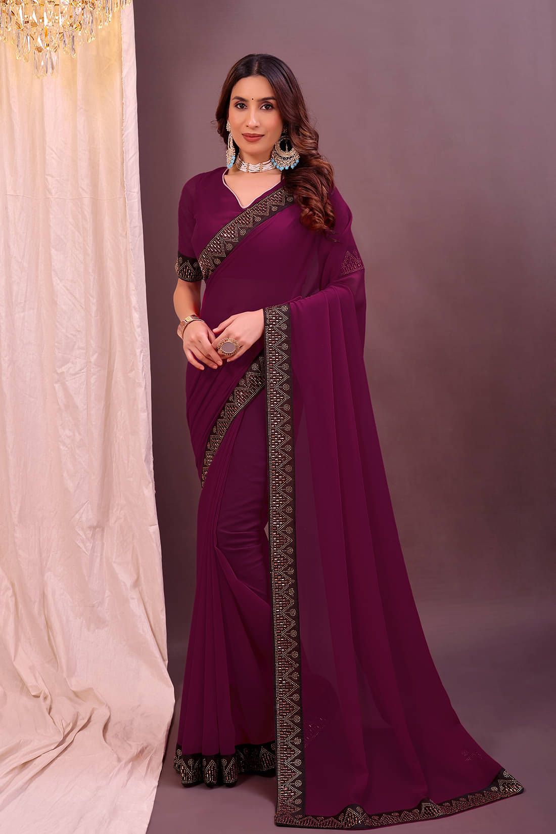 Suntex Georgette Solid Saree With Unstitched Blouse Piece ( Wine ) Suntex Georgette Solid Saree With Unstitched Blouse Piece ( Wine )