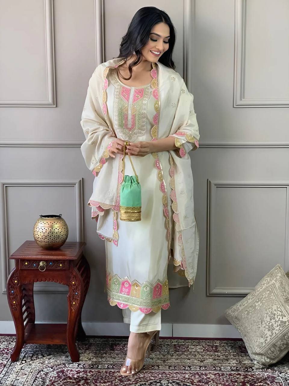 ZINDORA Women Chanderi Embroidered Straight Kurti With Pants ( White ) ZINDORA Women Chanderi Embroidered Straight Kurti With Pants ( White )