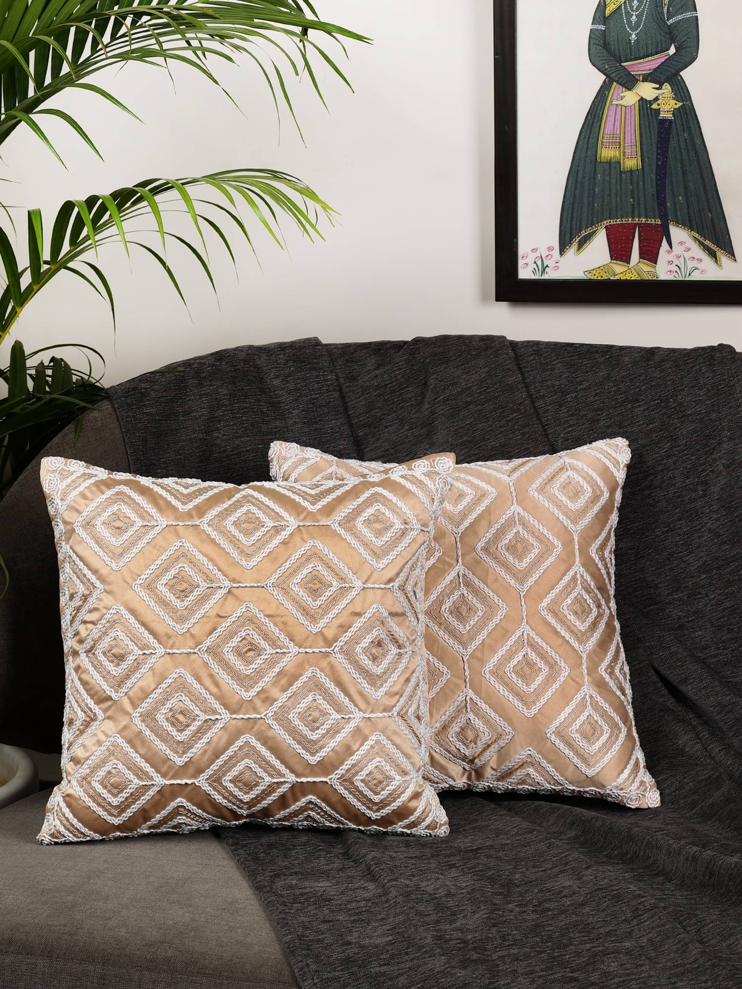     			tanlooms Set of 2 Velvet Abstract Square Cushion Cover (40X40)cm - Beige