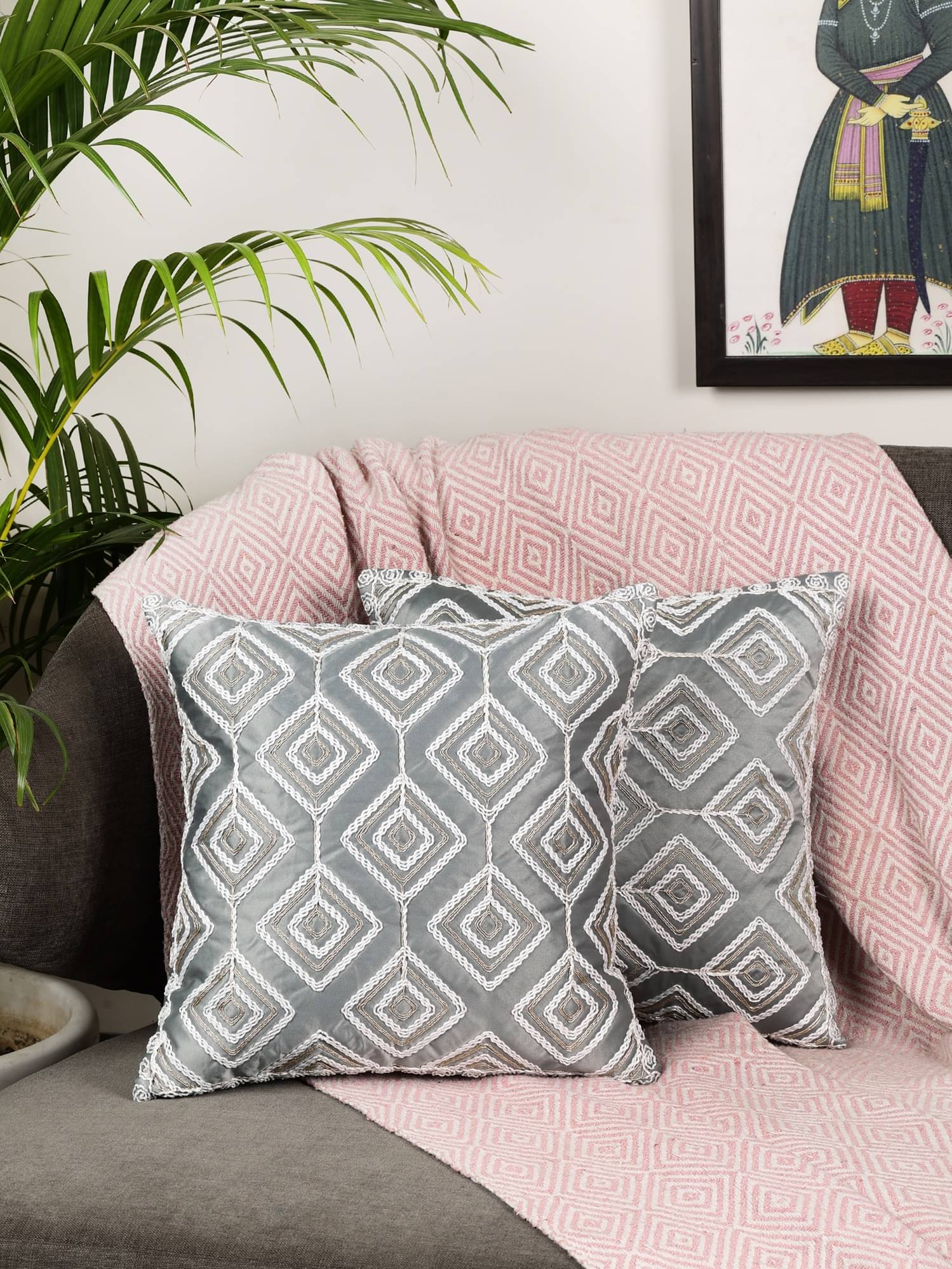     			tanlooms Set of 2 Velvet Abstract Square Cushion Cover (40X40)cm - Grey Melange