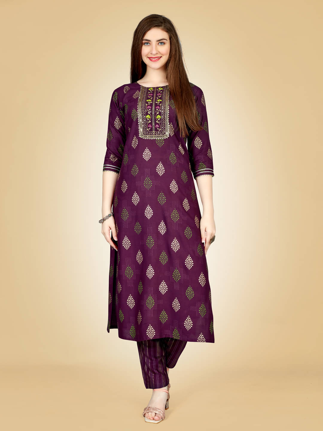 A TO Z CART Women Rayon Embroidered Straight Kurti With Pants ( Purple )     			A TO Z CART Women Rayon Embroidered Straight Kurti With Pants ( Purple )