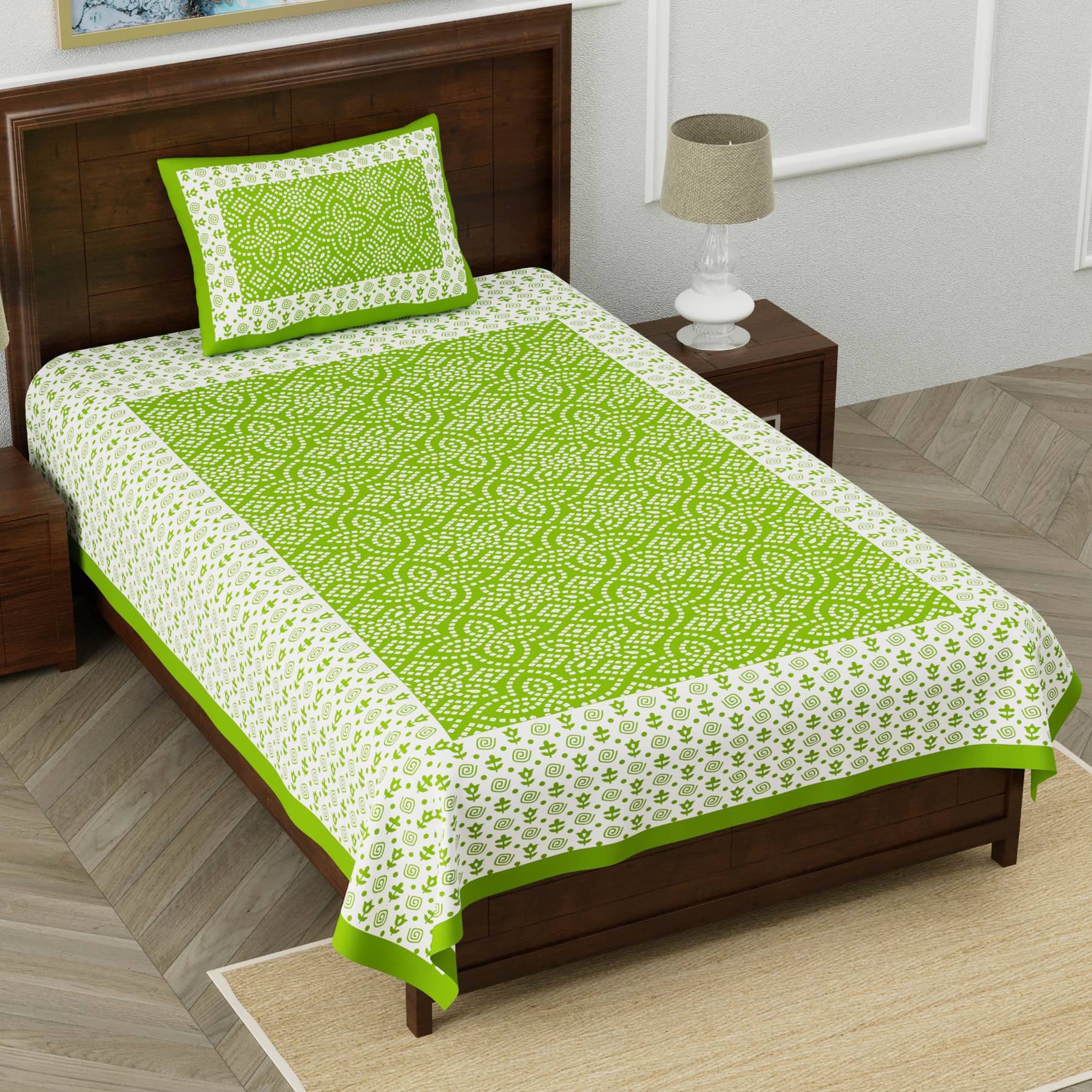     			ABHACLOTHO Cotton 1 Single Bedsheet with 1 Pillow Cover ( Green )