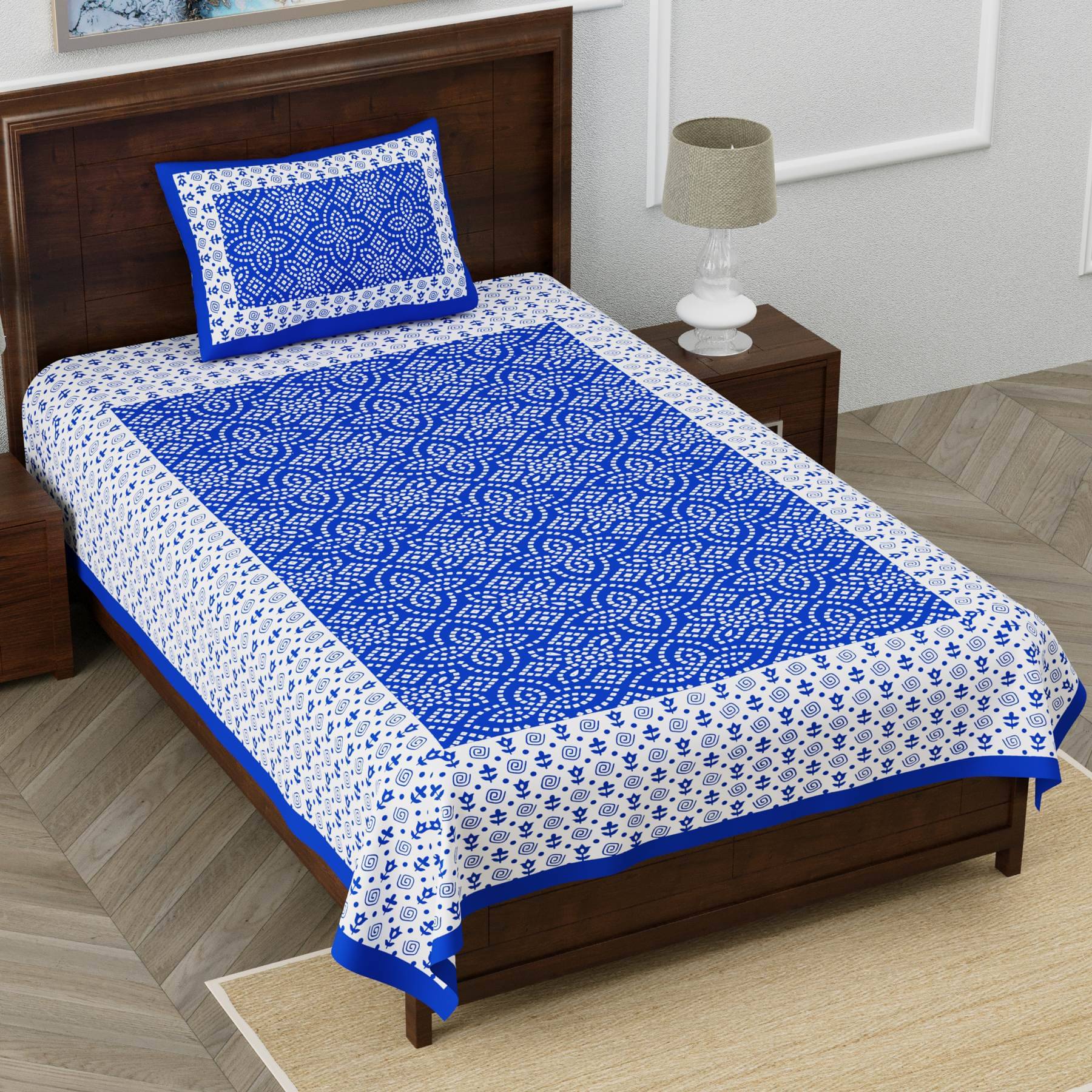     			ABHACLOTHO Cotton 1 Single Bedsheet with 1 Pillow Cover ( Blue )