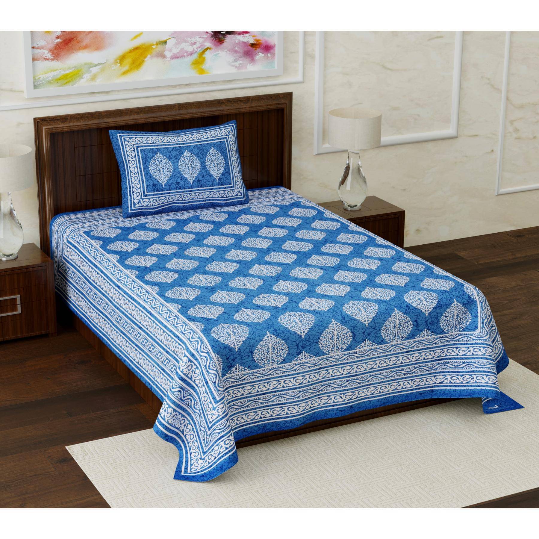     			ABHACLOTHO Cotton 1 Single Bedsheet with 1 Pillow Cover ( Blue )
