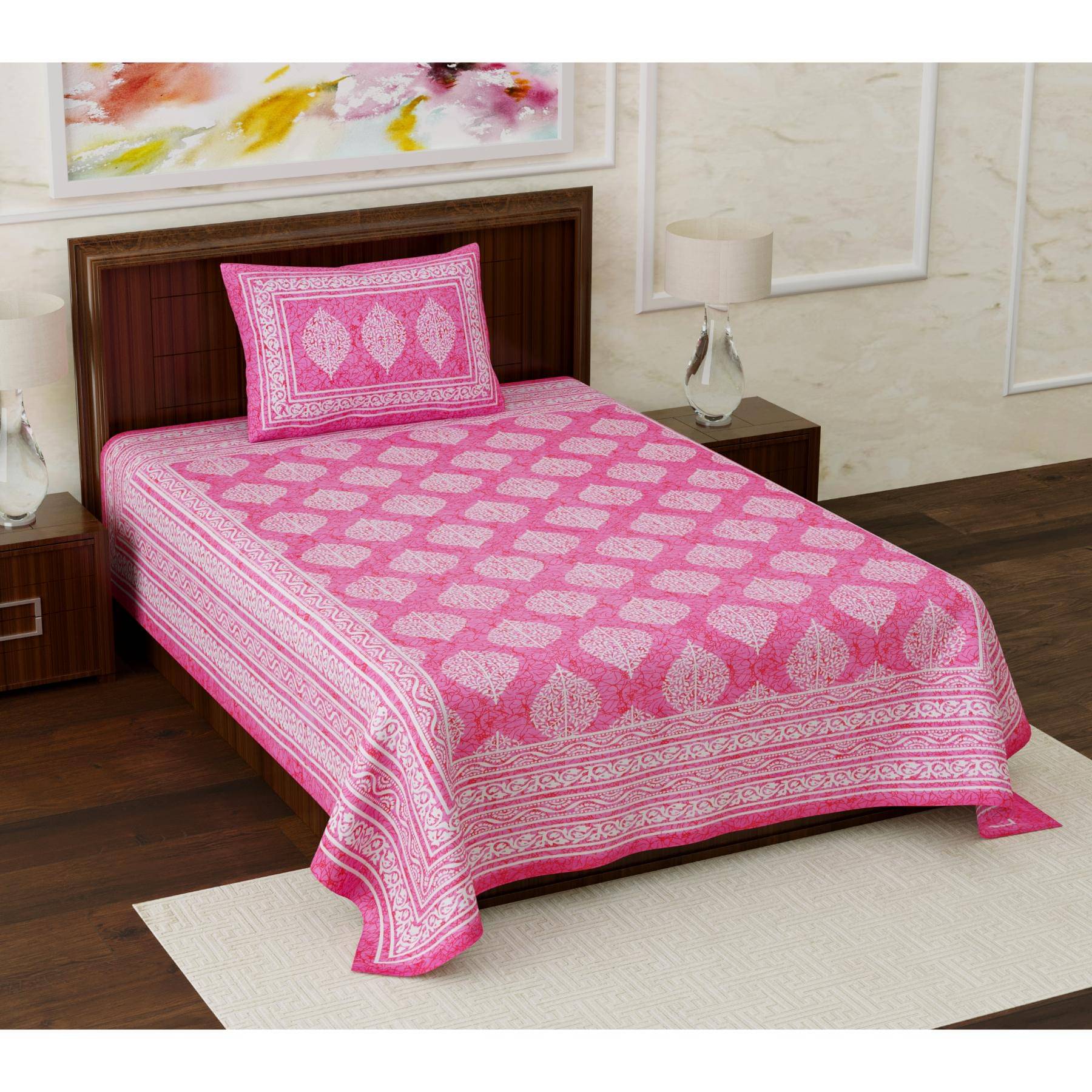     			ABHACLOTHO Cotton 1 Single Bedsheet with 1 Pillow Cover ( Pink )