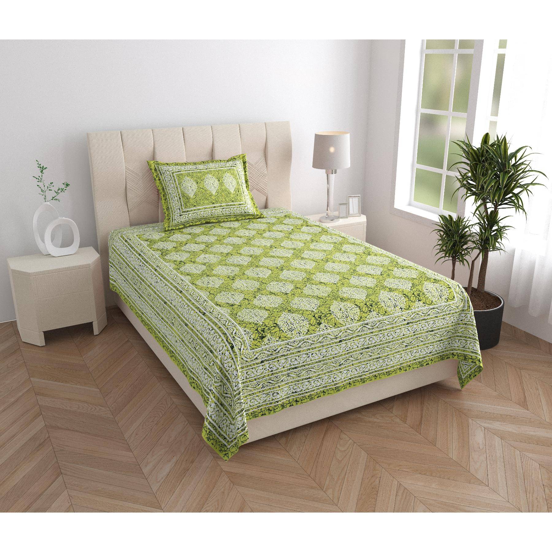     			ABHACLOTHO Cotton 1 Single Bedsheet with 1 Pillow Cover ( Green )