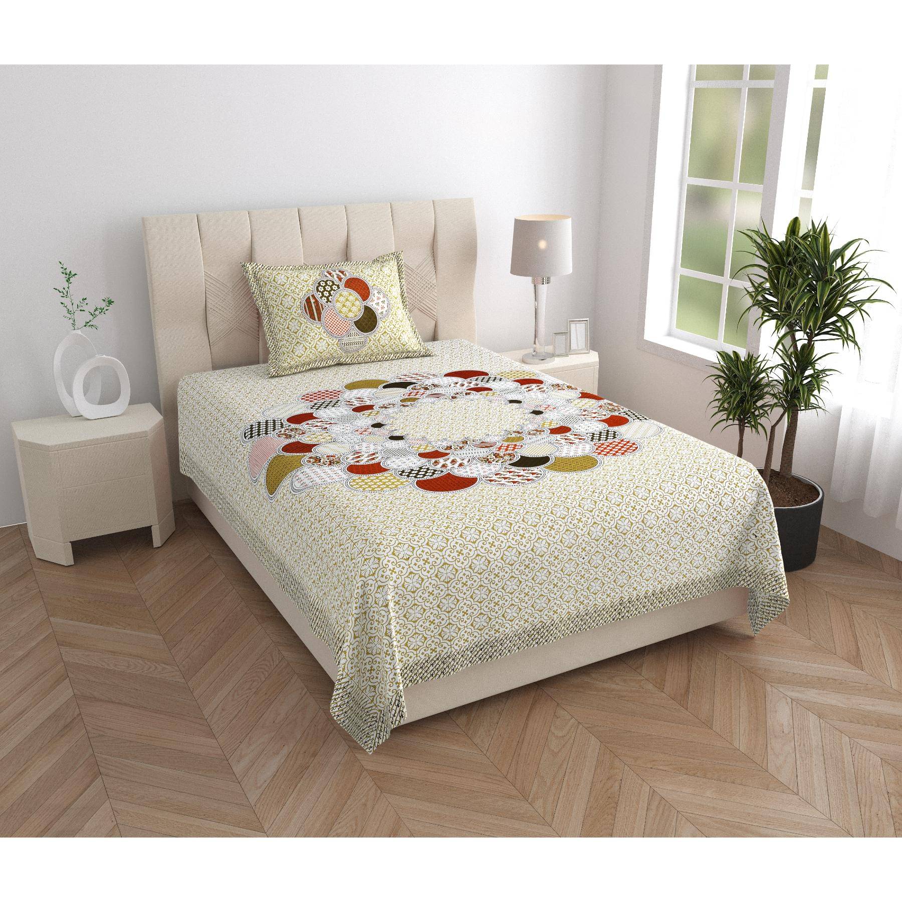     			ABHACLOTHO Cotton 1 Single Bedsheet with 1 Pillow Cover ( Cream )