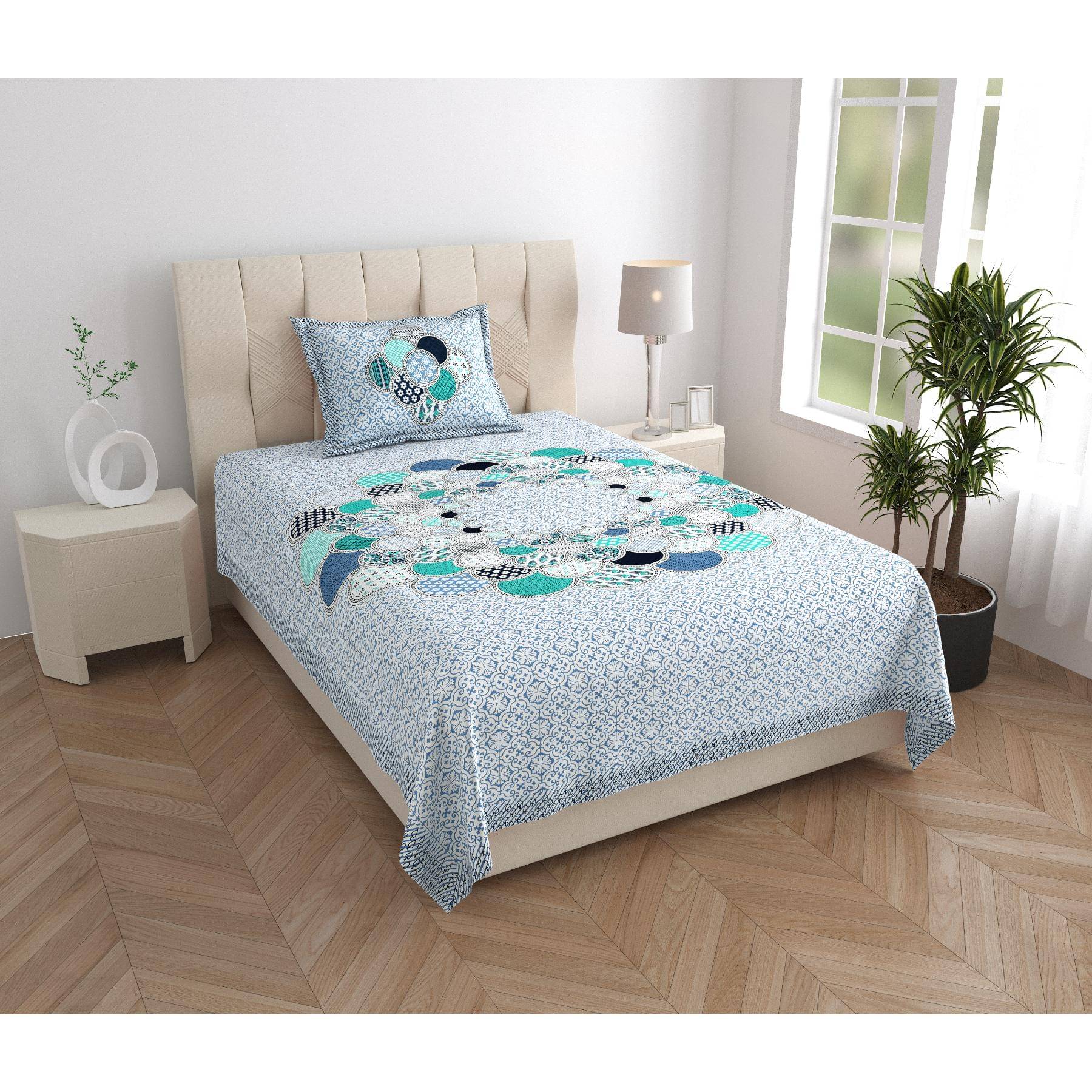     			ABHACLOTHO Cotton 1 Single Bedsheet with 1 Pillow Cover ( Blue )