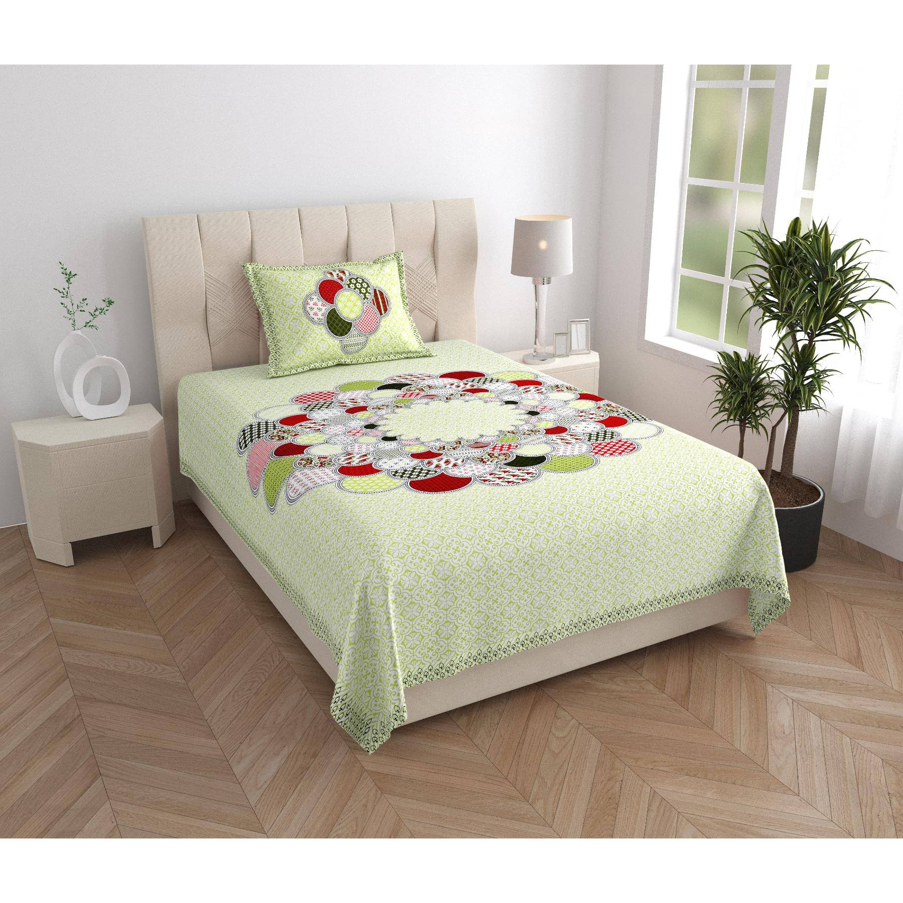     			ABHACLOTHO Cotton 1 Single Bedsheet with 1 Pillow Cover ( Green )