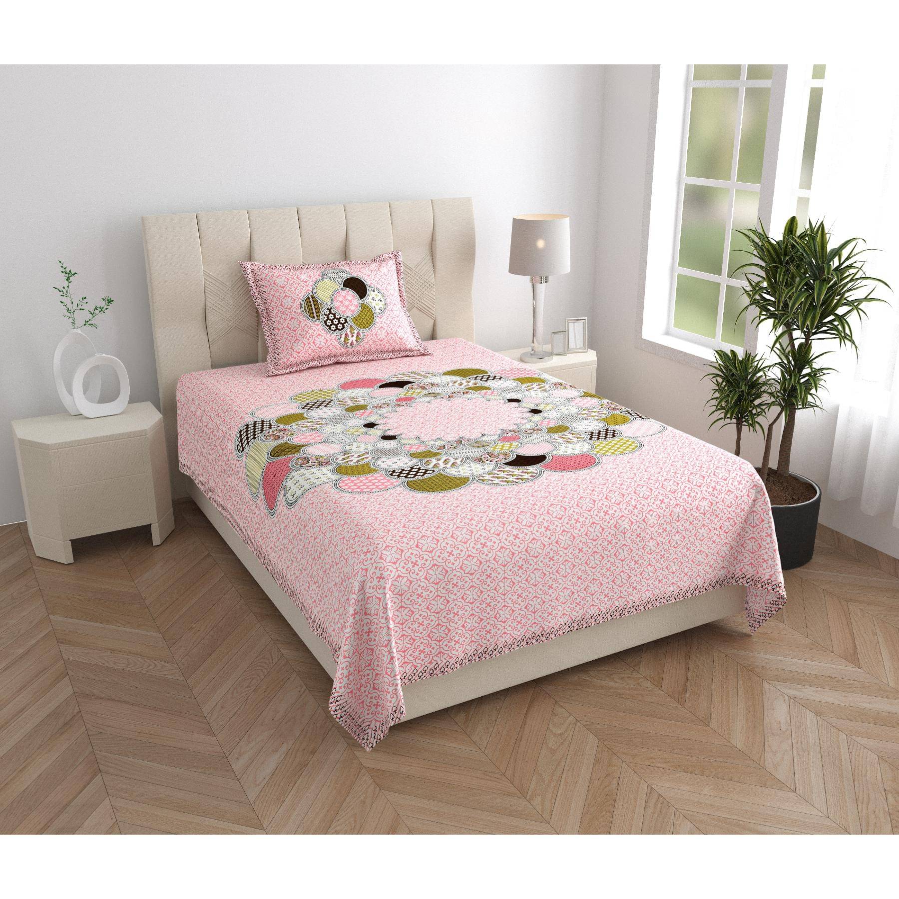     			ABHACLOTHO Cotton 1 Single Bedsheet with 1 Pillow Cover ( Pink )