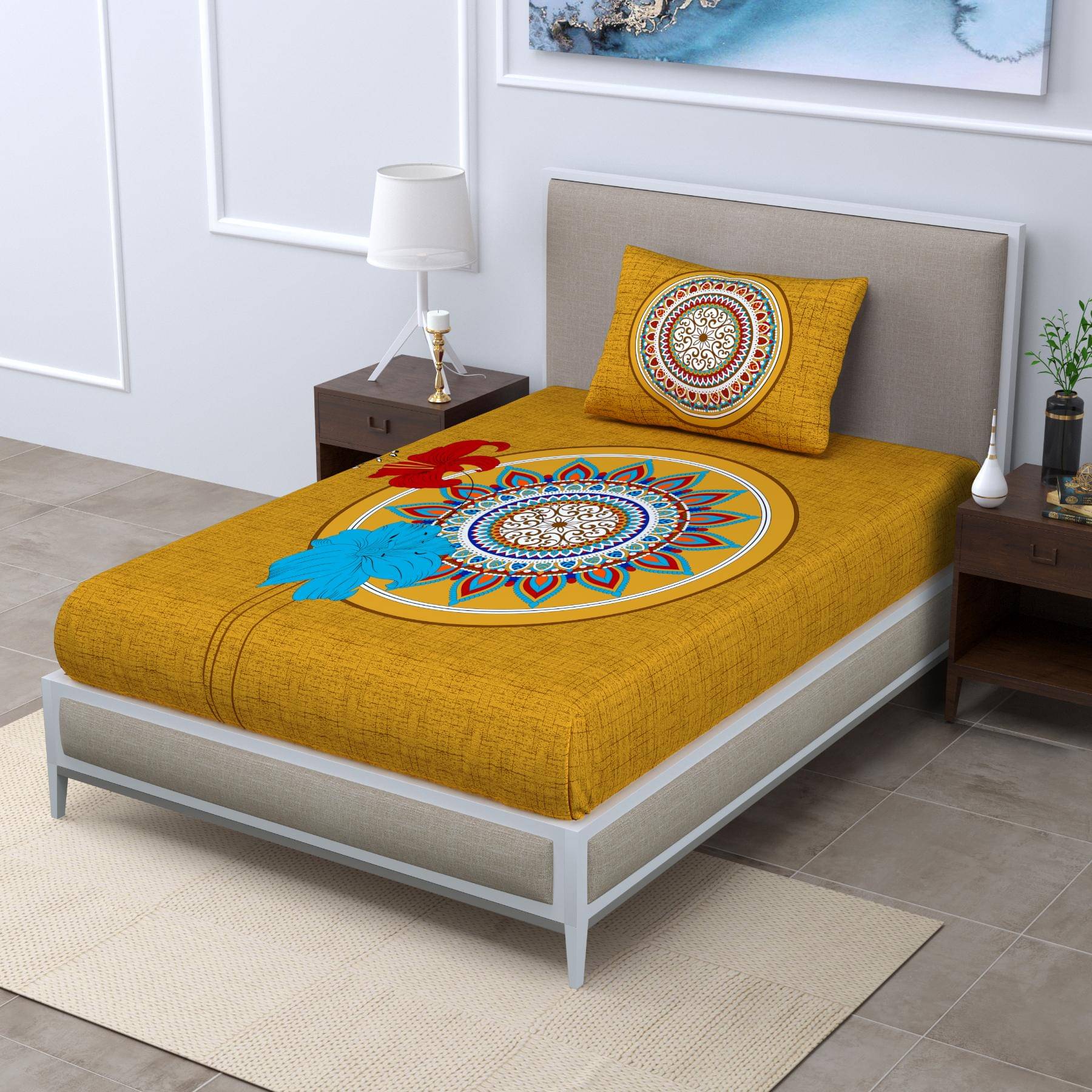     			ABHACLOTHO Cotton 1 Single Bedsheet with 1 Pillow Cover ( Yellow )