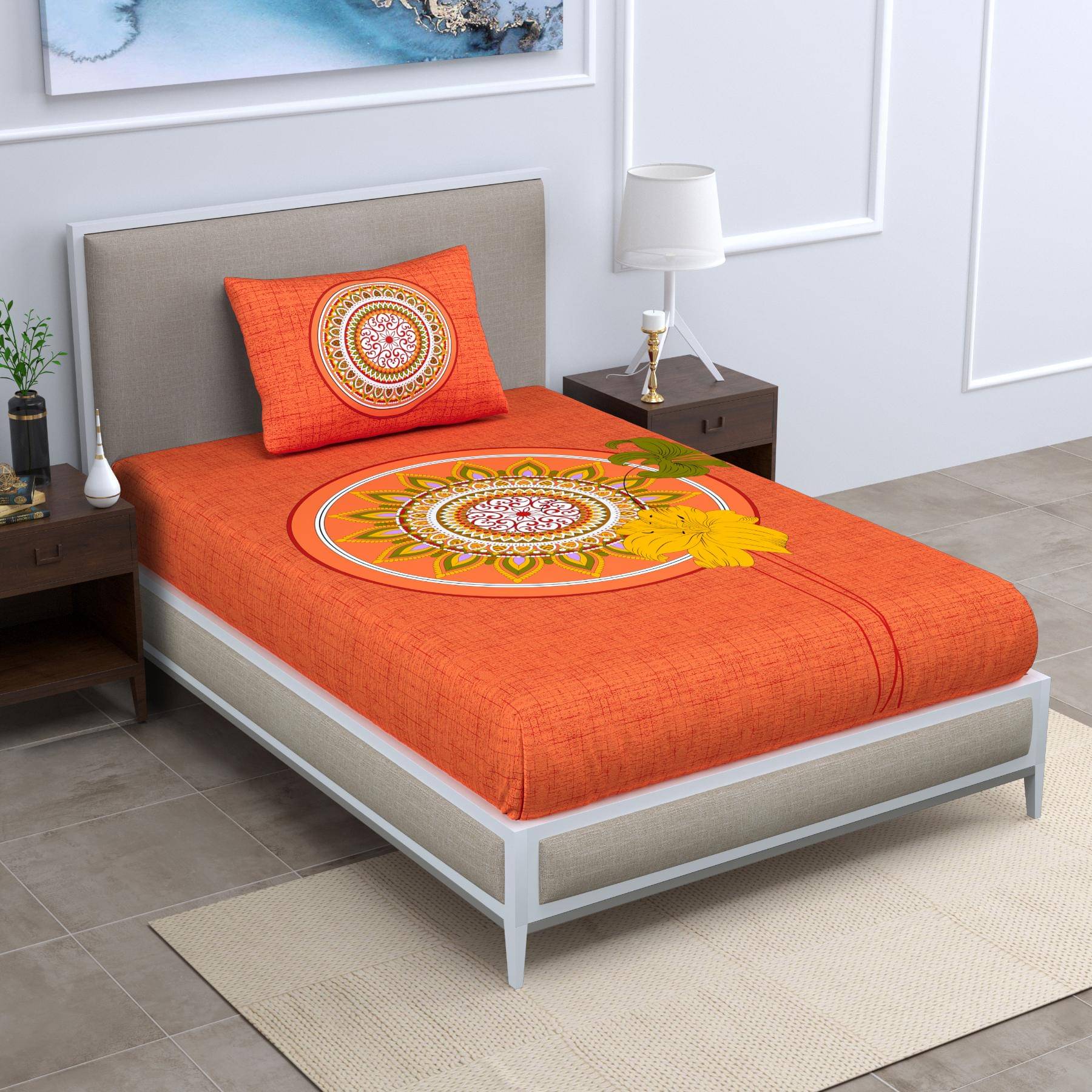     			ABHACLOTHO Cotton 1 Single Bedsheet with 1 Pillow Cover ( Orange )