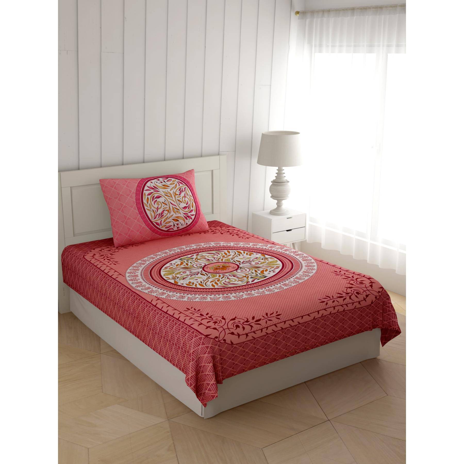     			ABHACLOTHO Cotton 1 Single Bedsheet with 1 Pillow Cover ( Pink )