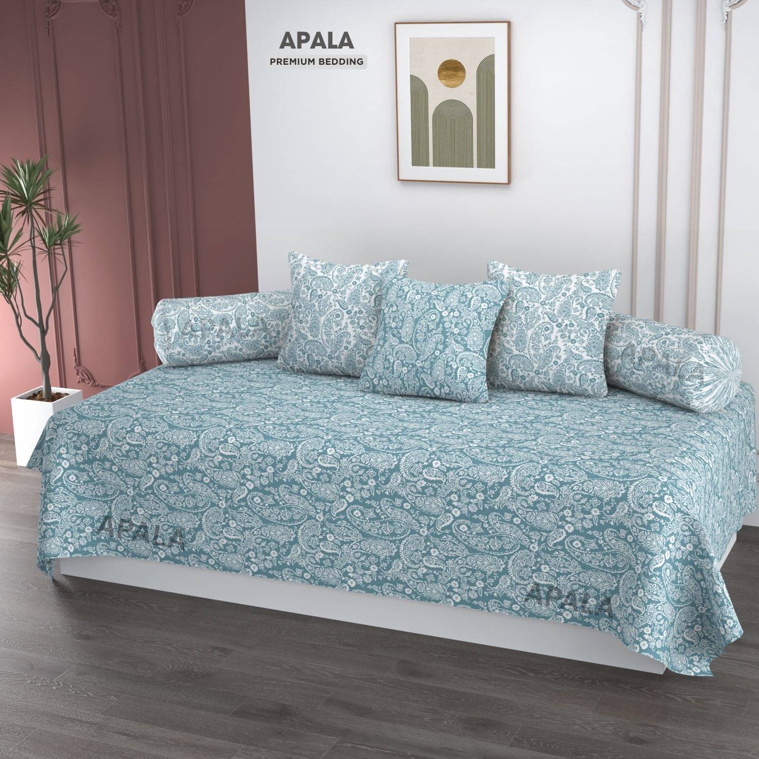 Apala Microfibre Abstract Diwan Set 6 Pcs - Blue Apala Microfibre Abstract Diwan Set 6 Pcs - Blue