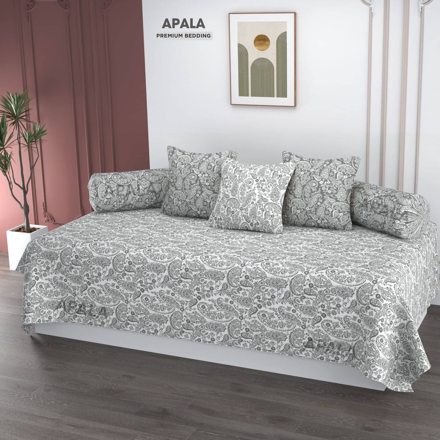 Apala Microfibre Abstract Diwan Set 6 Pcs - White Apala Microfibre Abstract Diwan Set 6 Pcs - White