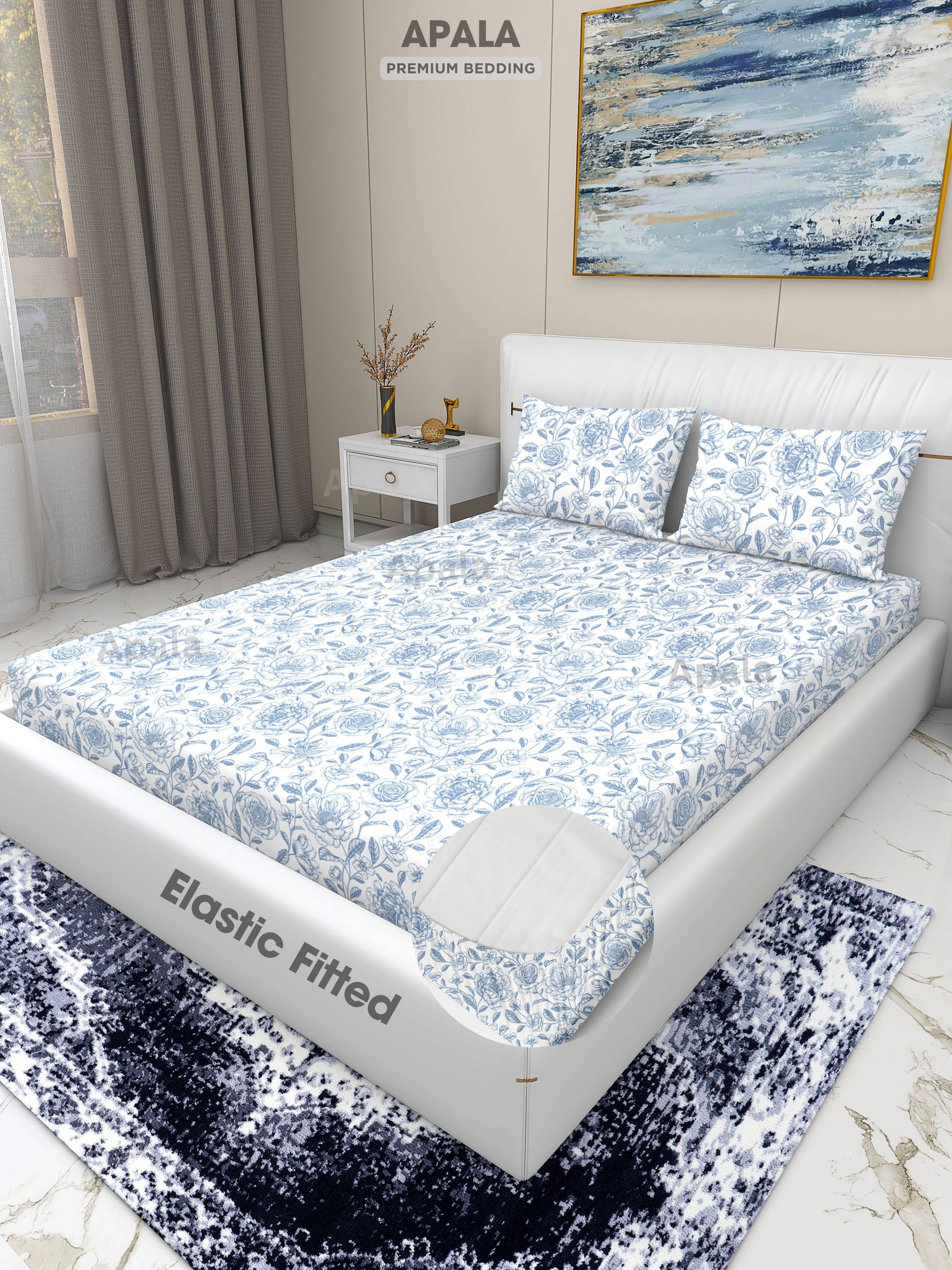 Apala Microfibre 1 King Fitted Bedsheet with 2 Pillow Covers ( 198 cm x 182 cm ) , Sky Blue