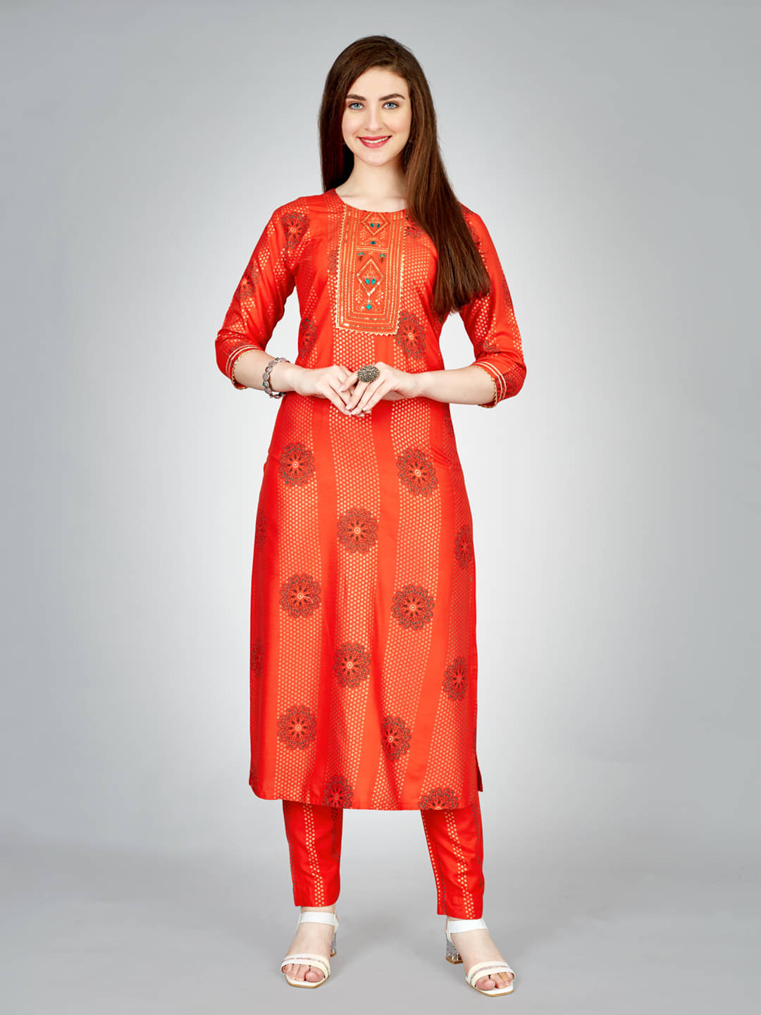 Apnisha Women Rayon Embroidered Straight Kurti With Pants ( Orange ) Apnisha Women Rayon Embroidered Straight Kurti With Pants ( Orange )
