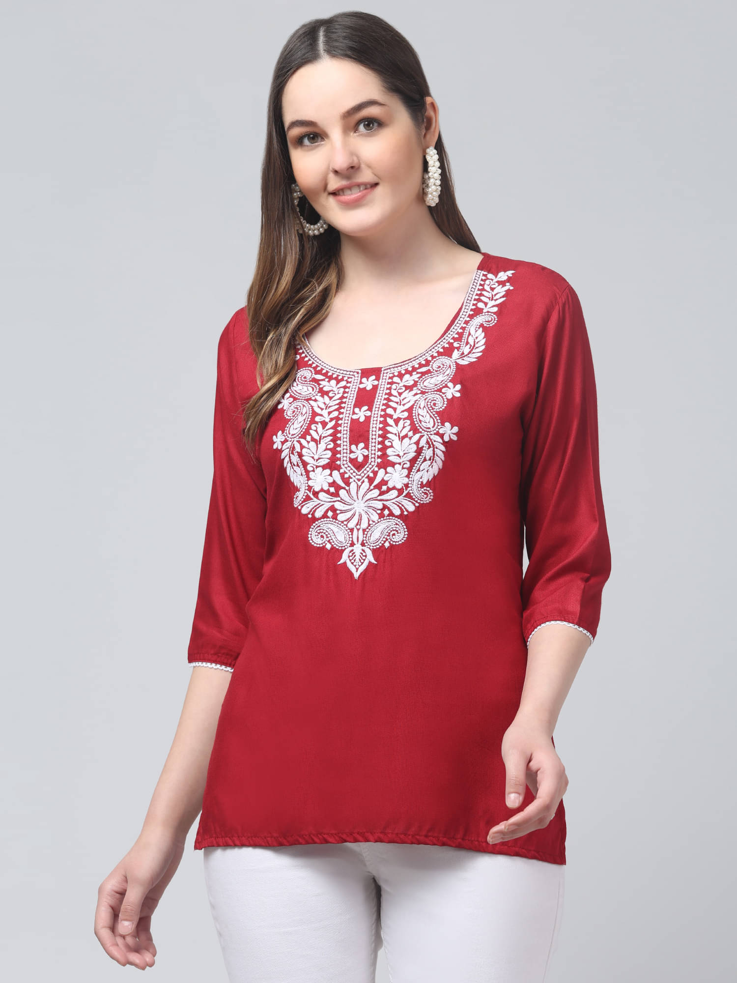 Aura Glam Women Rayon Embroidered A-line Kurti ( Maroon )     			Aura Glam Women Rayon Embroidered A-line Kurti ( Maroon )