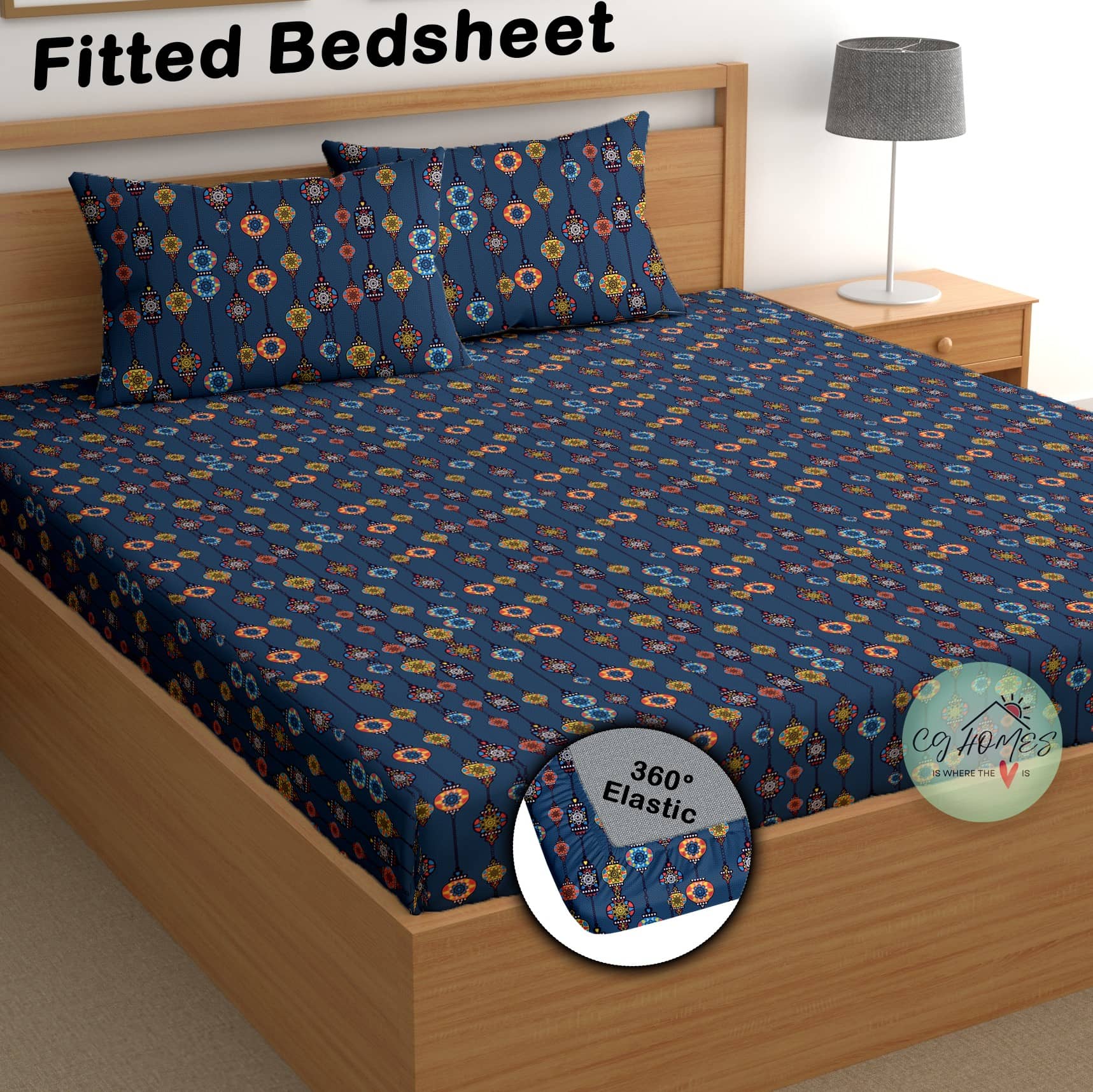 CG HOMES Cotton 1 Double Fitted Bedsheet with 2 Pillow Covers ( 183 cm x 183 cm ) , Navy Blue