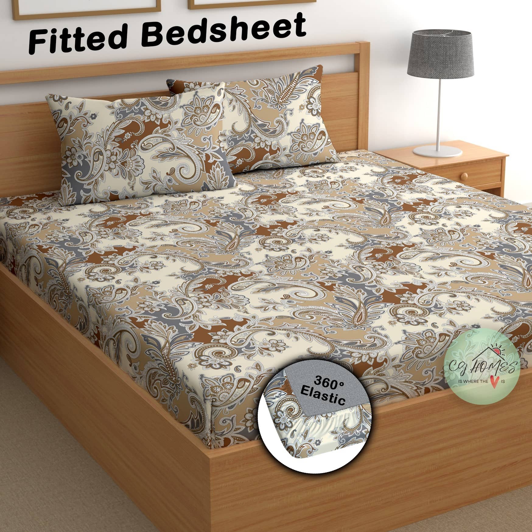 CG HOMES Cotton Abstract Fitted 1 Bedsheet with 2 Pillow Covers ( Double Bed ) - Brown