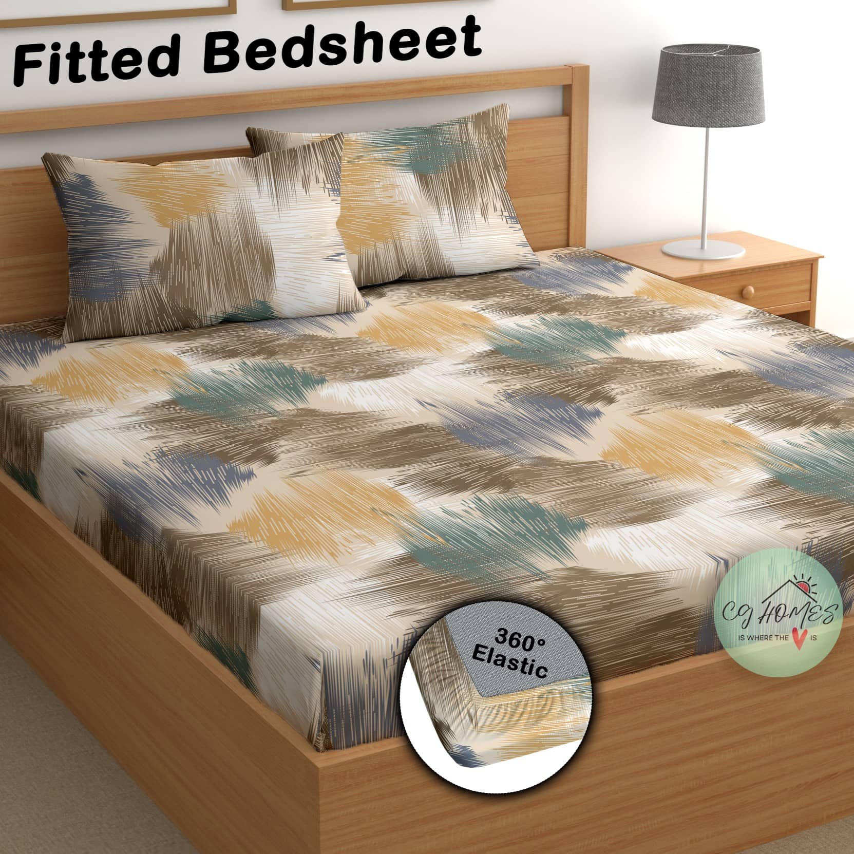 CG HOMES Cotton Abstract Fitted 1 Bedsheet with 2 Pillow Covers ( Double Bed ) - Multi