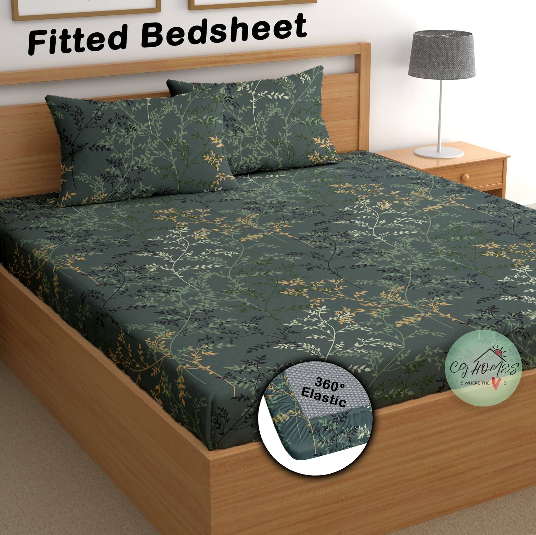     			CG HOMES Cotton Floral Fitted 1 Bedsheet with 2 Pillow Covers ( Double Bed ) - Dark Grey