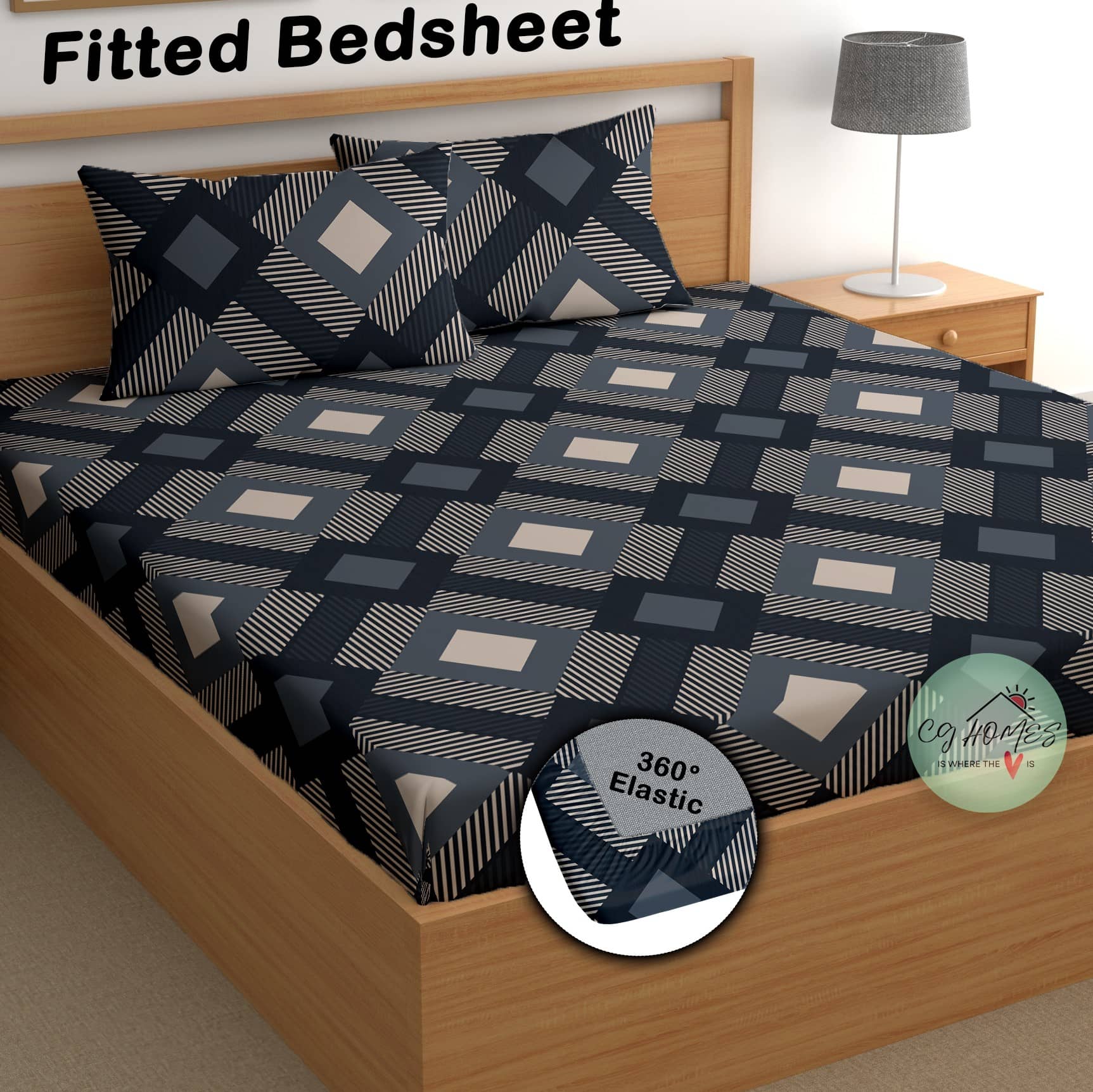 CG HOMES Cotton 1 Double Fitted Bedsheet with 2 Pillow Covers ( 183 cm x 183 cm ) , Dark Blue