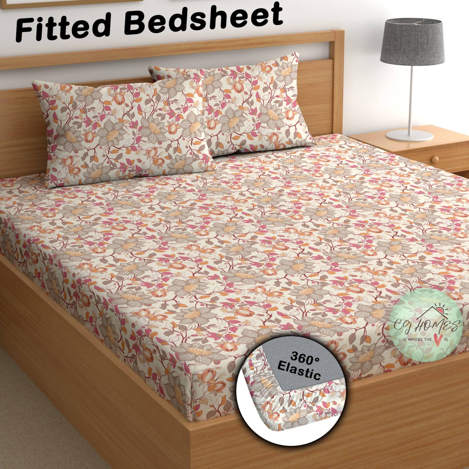 CG HOMES Cotton 1 Double Fitted Bedsheet with 2 Pillow Covers ( 183 cm x 183 cm ) , Pink