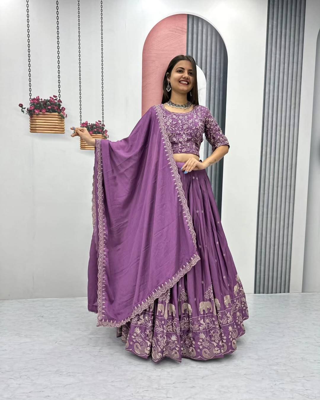     			CYNOR Purple Tussar Silk Chaniya Choli Semi Stitched Lehenga Single