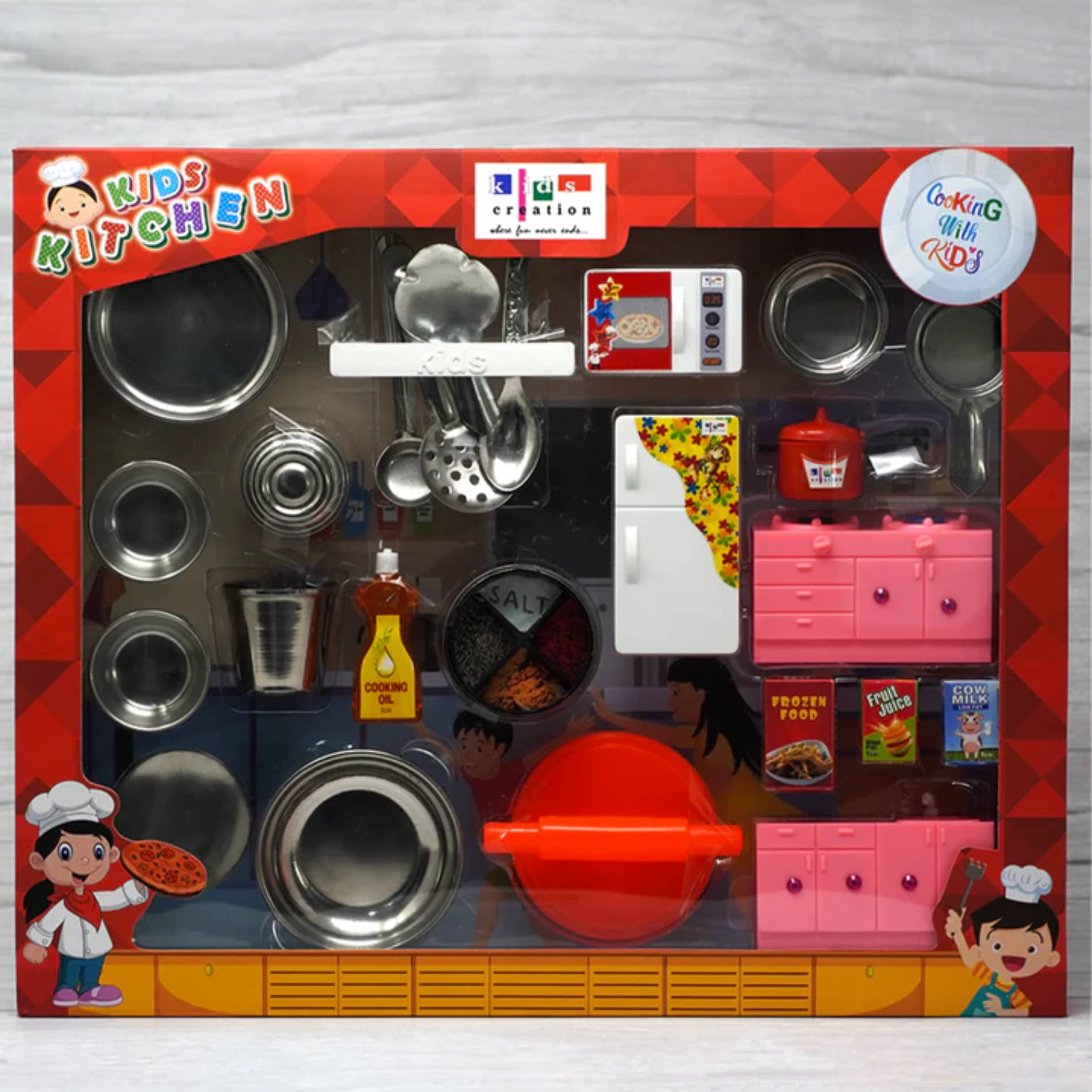     			Esnapy Steel Kitchen Set Toys for Kids, Role Playing Kitchen Set of Stainless Steel with Wooden Chakla Belan Set, Master Chef Role Playing Kitchen Set
