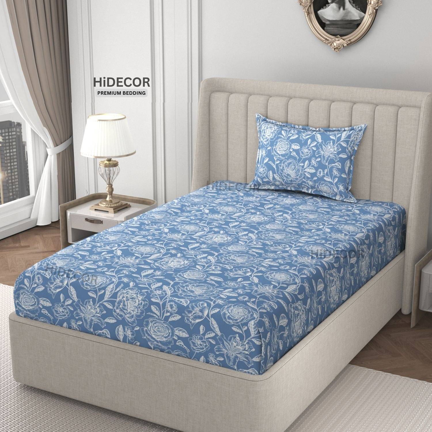     			HIDECOR Microfiber 1 Single Bedsheet with 1 Pillow Cover ( Blue )