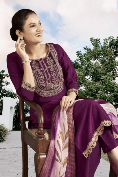     			KRISHNA ENTERPRISE Women Cotton Blend Embroidered A-line Kurti With Pants ( Purple )