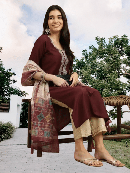 KRISHNA ENTERPRISE Women Cotton Blend Embroidered A-line Kurti With Pants ( Maroon ) KRISHNA ENTERPRISE Women Cotton Blend Embroidered A-line Kurti With Pants ( Maroon )