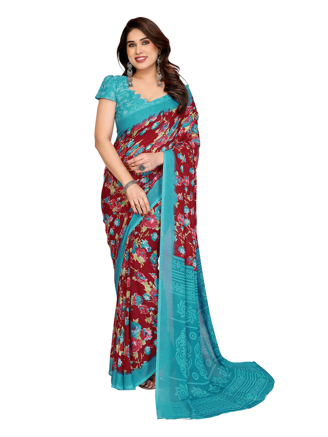    			Kashvi Sarees Georgette Printed Ilkal Saree With Unstitched Blouse Piece ( Maroon )