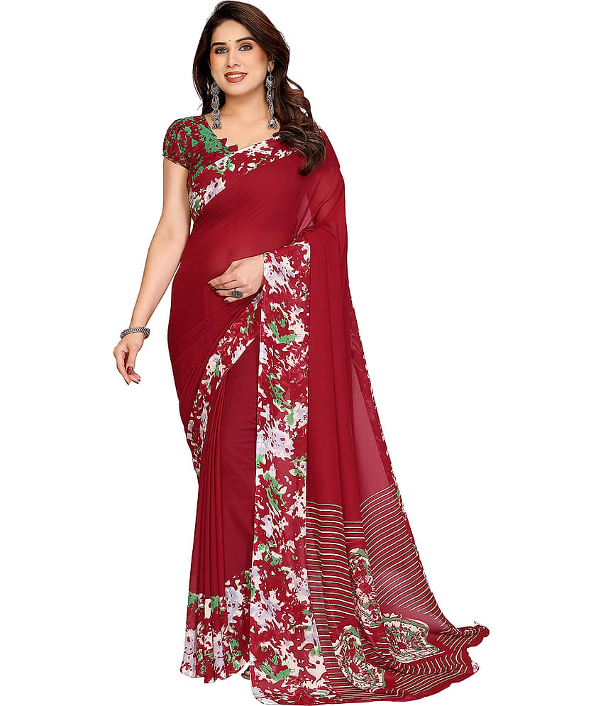 Kashvi Sarees Georgette Printed Ilkal Saree With Unstitched Blouse Piece ( Maroon ) - Sarees | Buy online on ZillyBuy