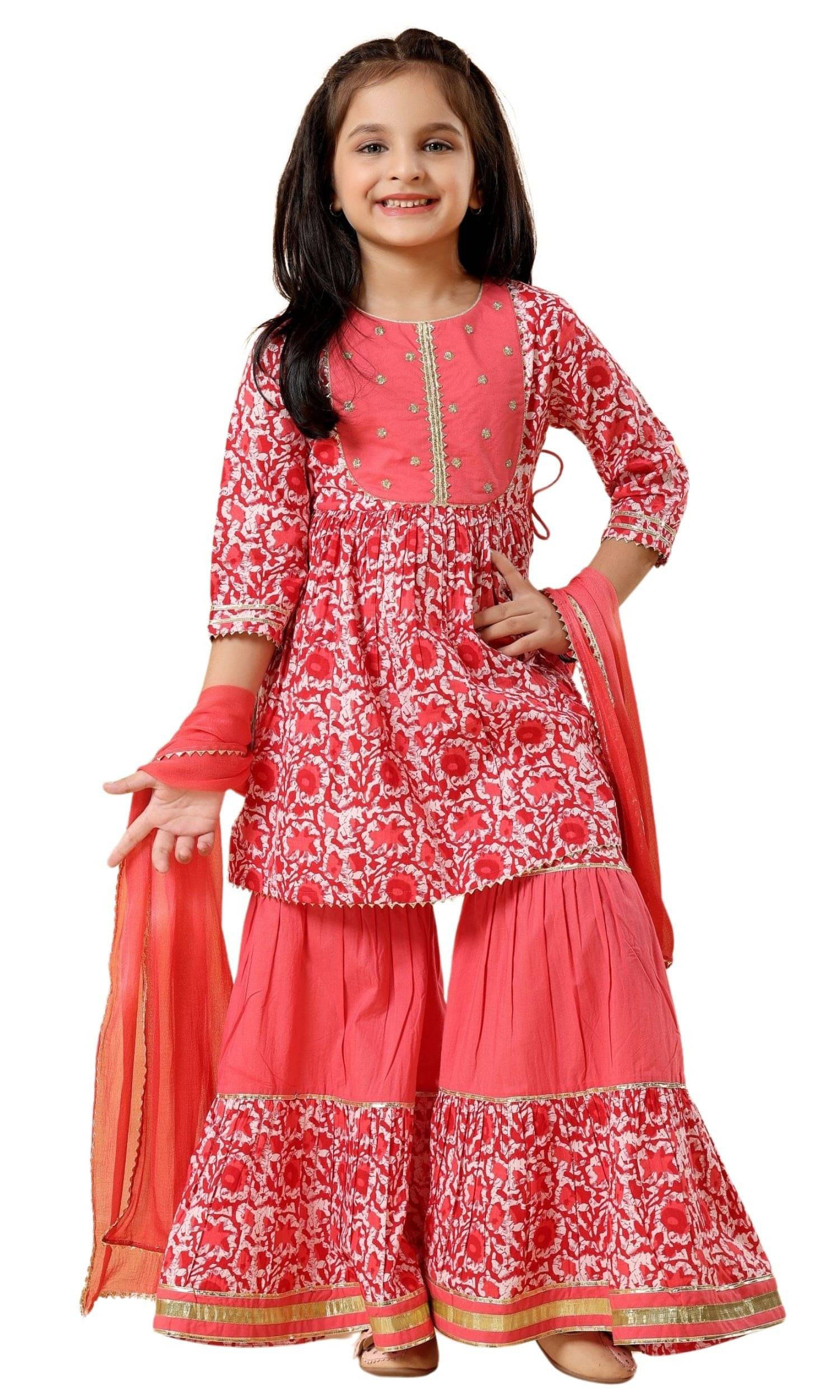     			MASTARANG Girls Cotton Kurti with Sharara ( Pack of 1 , Pink )