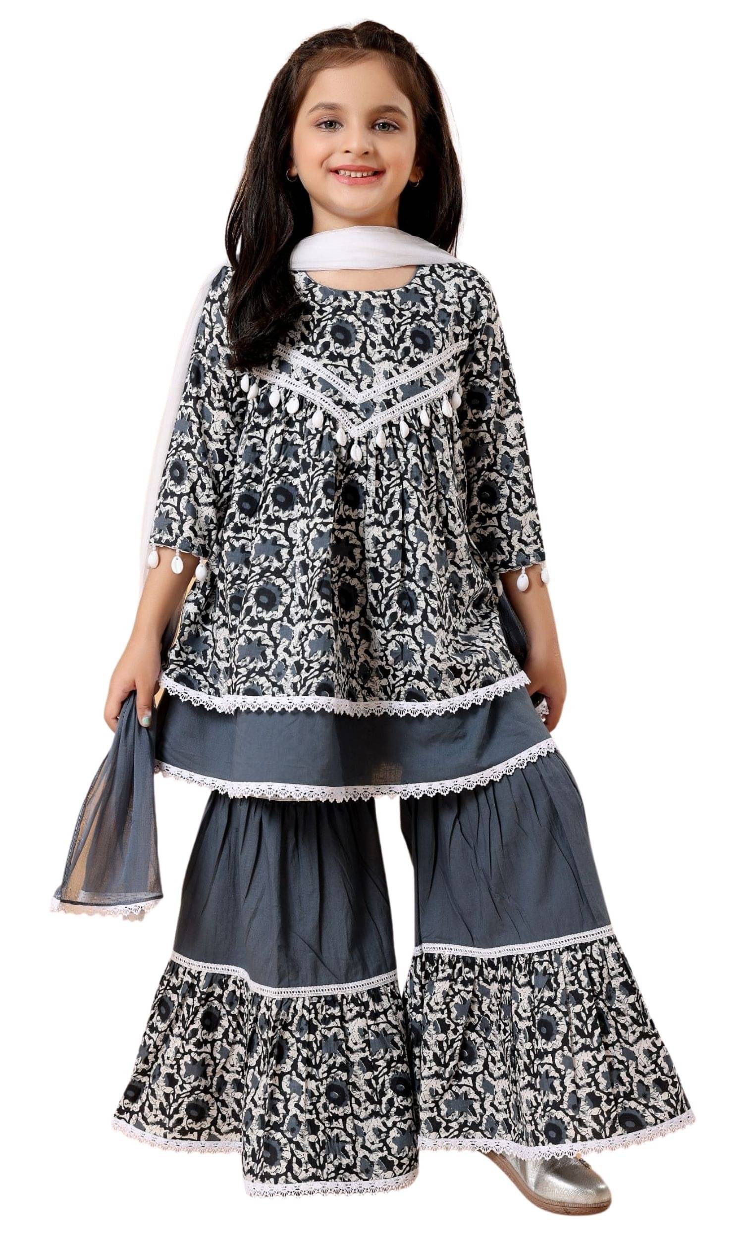     			MASTARANG Girls Cotton Kurti with Sharara ( Pack of 1 , Grey )