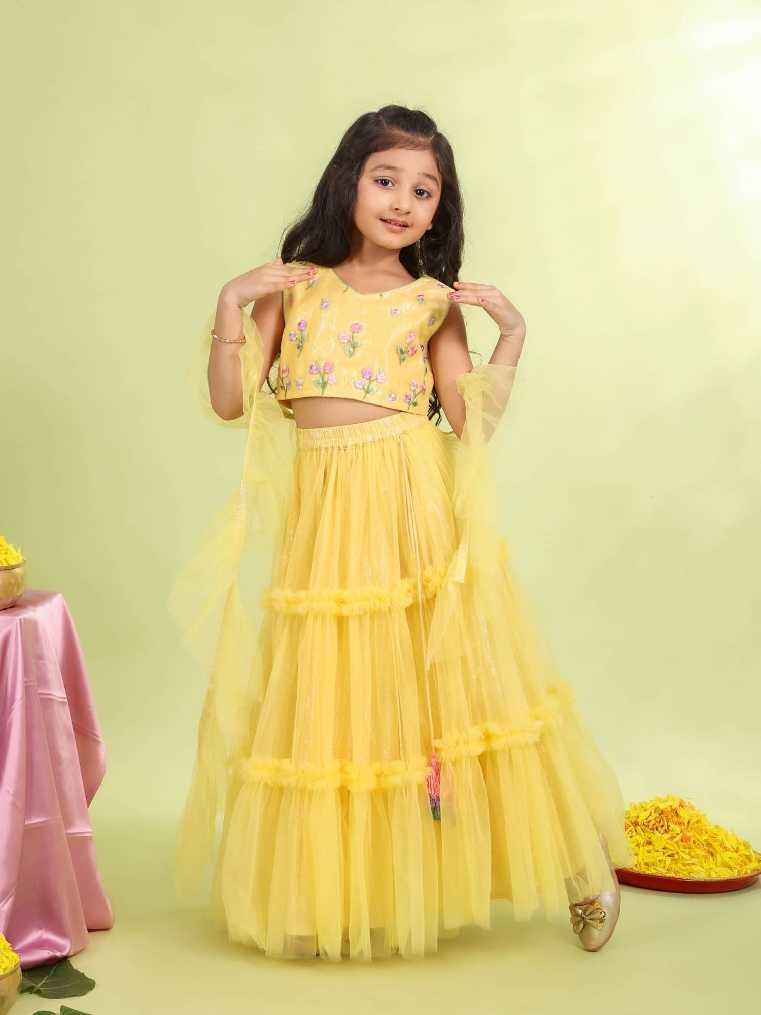     			MASTARANG Net Lehenga Choli Set For Girls ( Pack of 1 , Lemon )