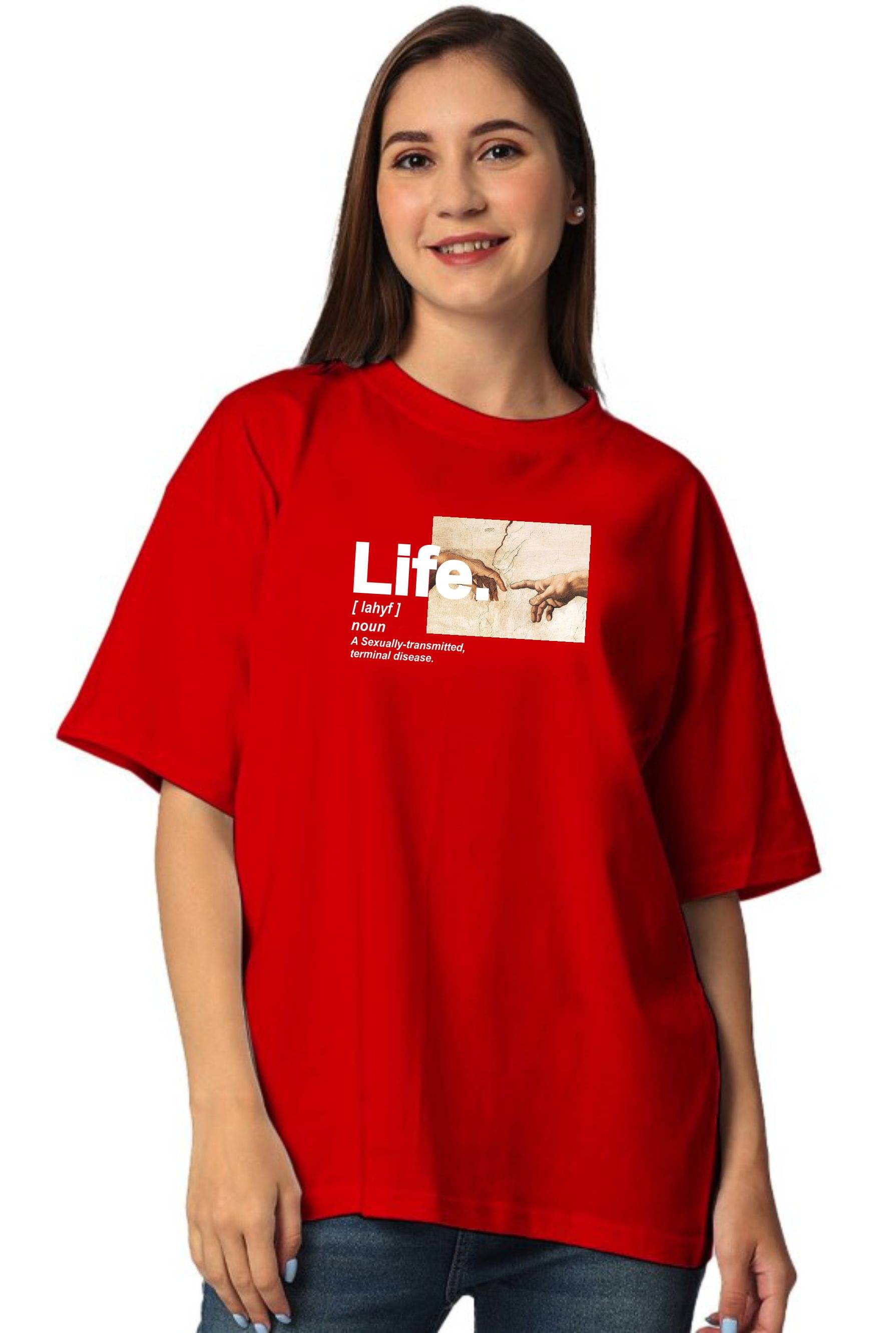     			MYARA Women Cotton Printed Oversized Fit Round Neck T-Shirt ( Red )