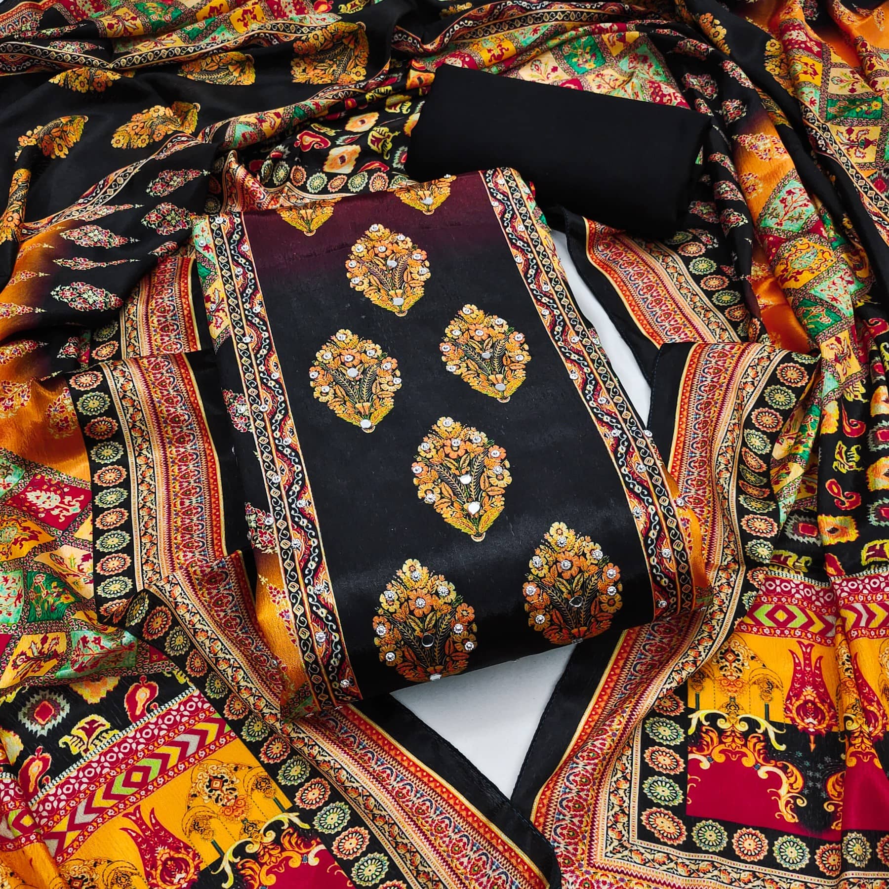 Rangtulika Ethnics Women Chiffon Unstitched Dress Material ( Black ) - Unstitched Fabrics | Buy online on ZillyBuy