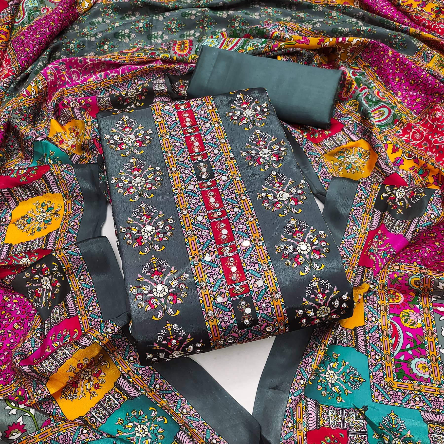 Rangtulika Ethnics Women Chiffon Unstitched Dress Material ( Grey ) - Unstitched Fabrics | Buy online on ZillyBuy