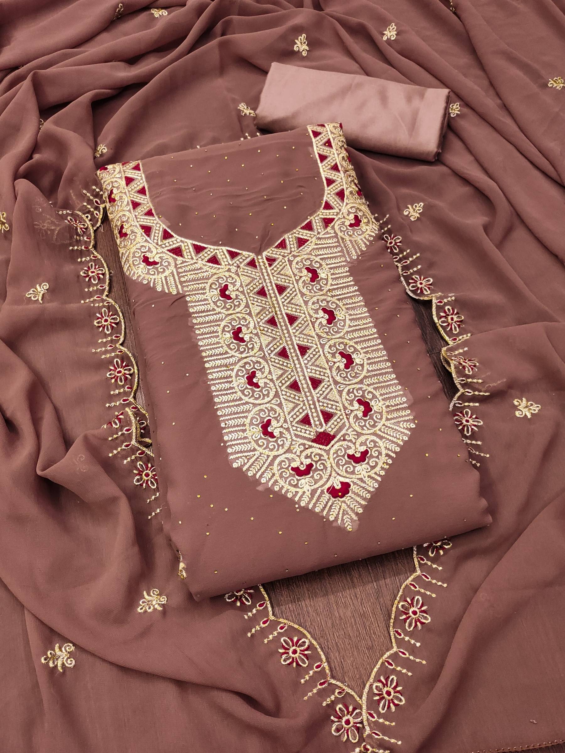 Rangtulika Ethnics Women Georgette Unstitched Dress Material ( Brown ) Rangtulika Ethnics Women Georgette Unstitched Dress Material ( Brown )