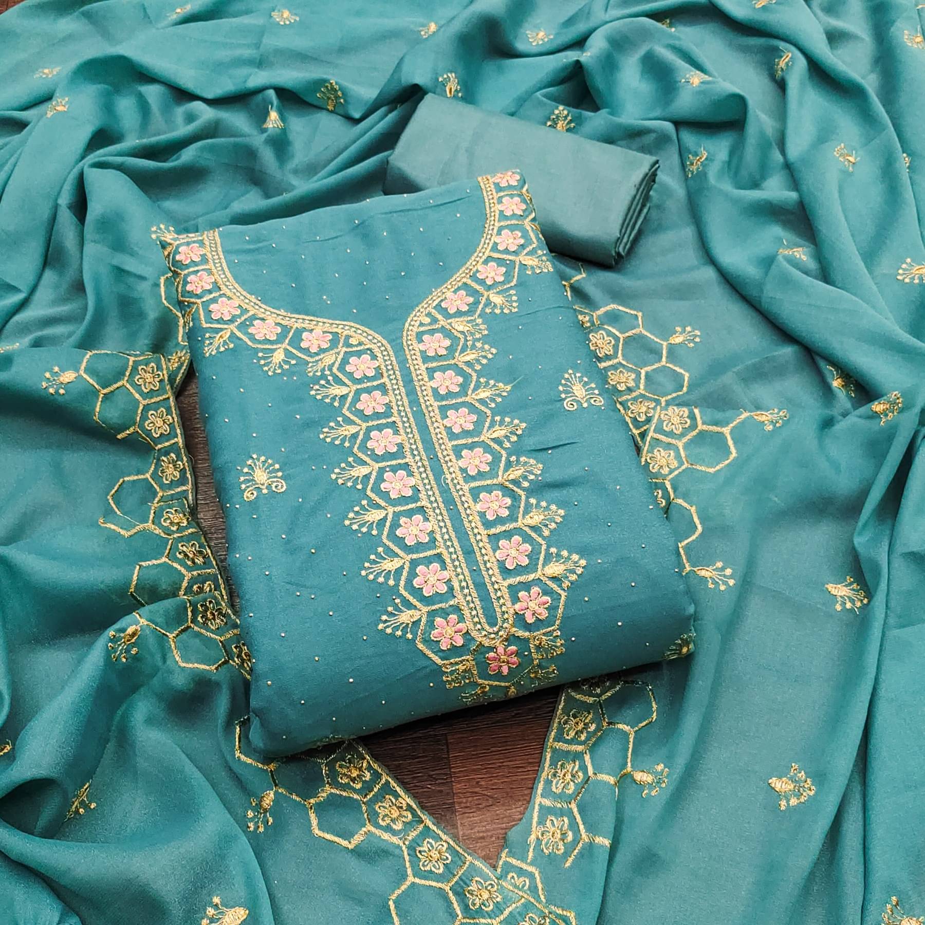 Rangtulika Ethnics Women Georgette Unstitched Dress Material ( Teal )     			Rangtulika Ethnics Women Georgette Unstitched Dress Material ( Teal )